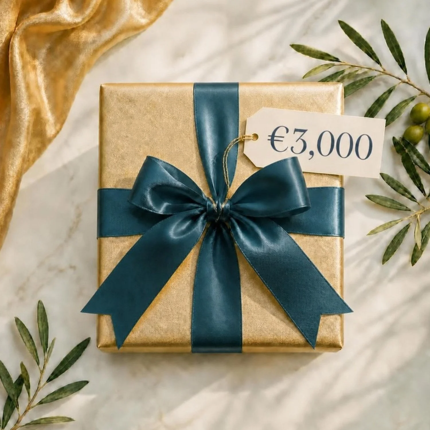 Gold gift box with peacock blue satin bow and €3,000 tag, Bluelime Bespoke private chef gift voucher, Mallorca