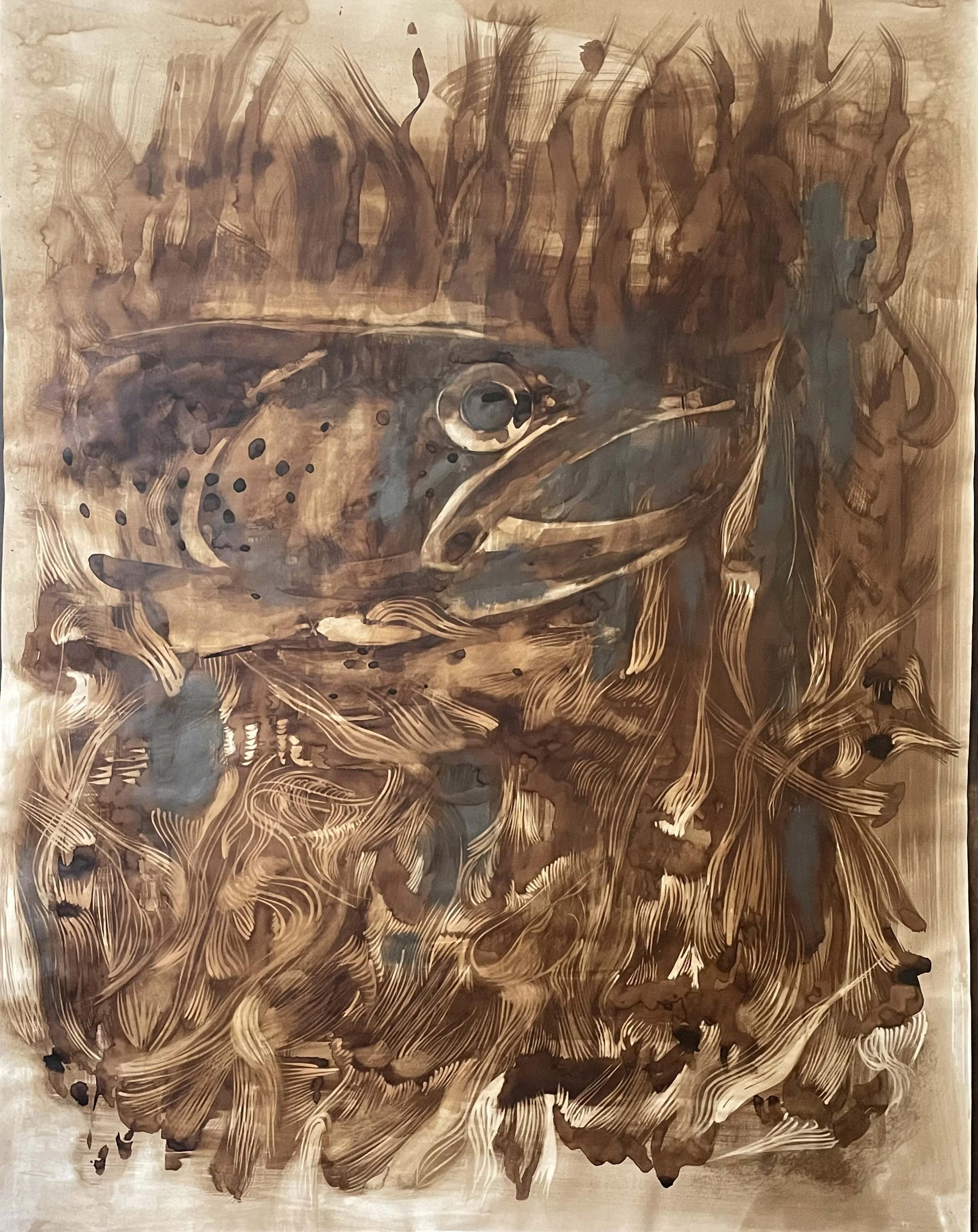 Didier Cros Atelier 2023
Truite (sagne)                              (2)
Lavis - Brou de noix sur papier marouflé sur toile sur chassis.
114x146.                                                   3000€