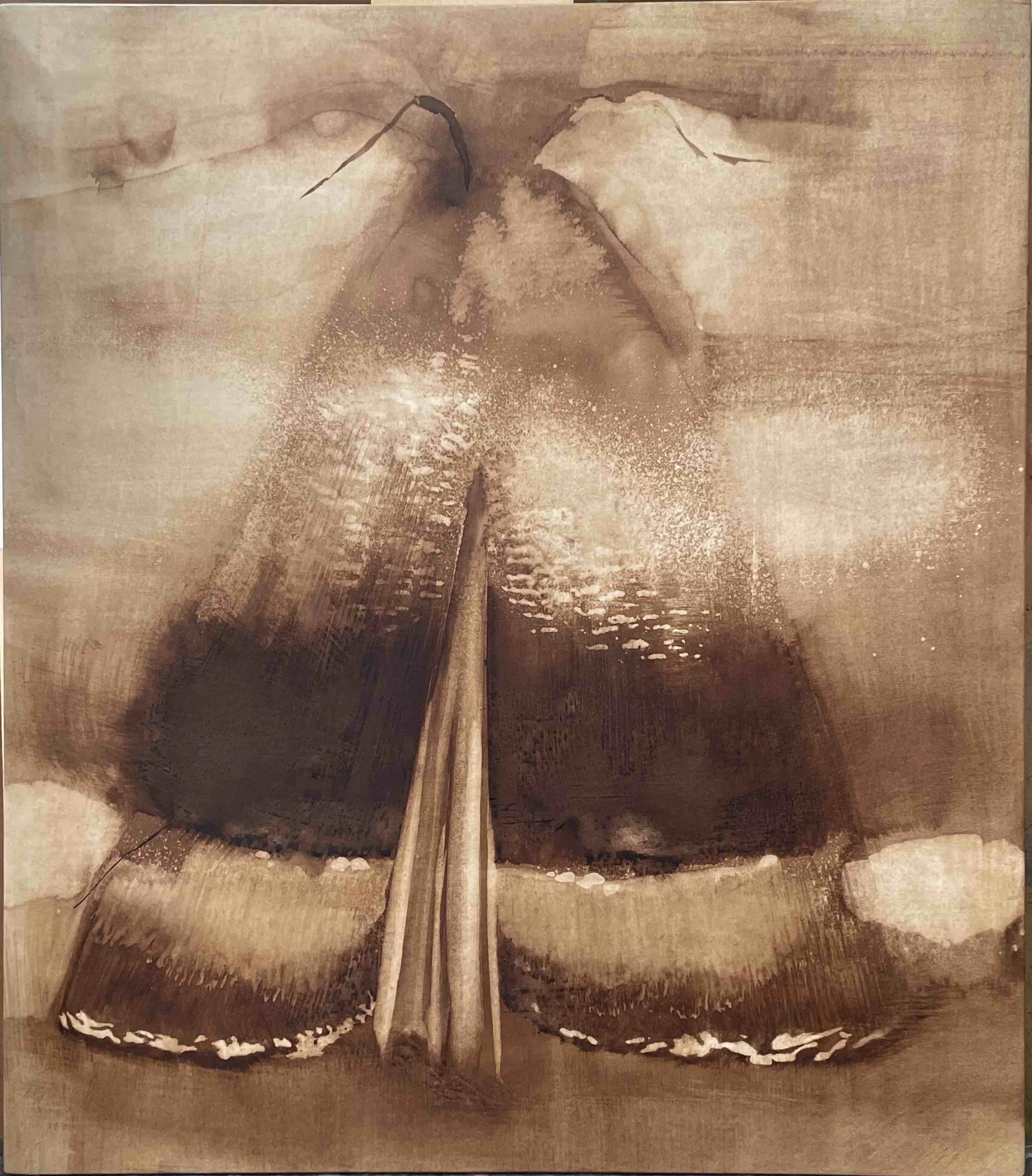 Exposition 30-05/30-06 24. MLS Galerie 123 quai des chartrons. Papillon fermé brume - Lavis brou noix 2024 . 75x86cm - papier marouflé sur toile sur chassis. 1000€