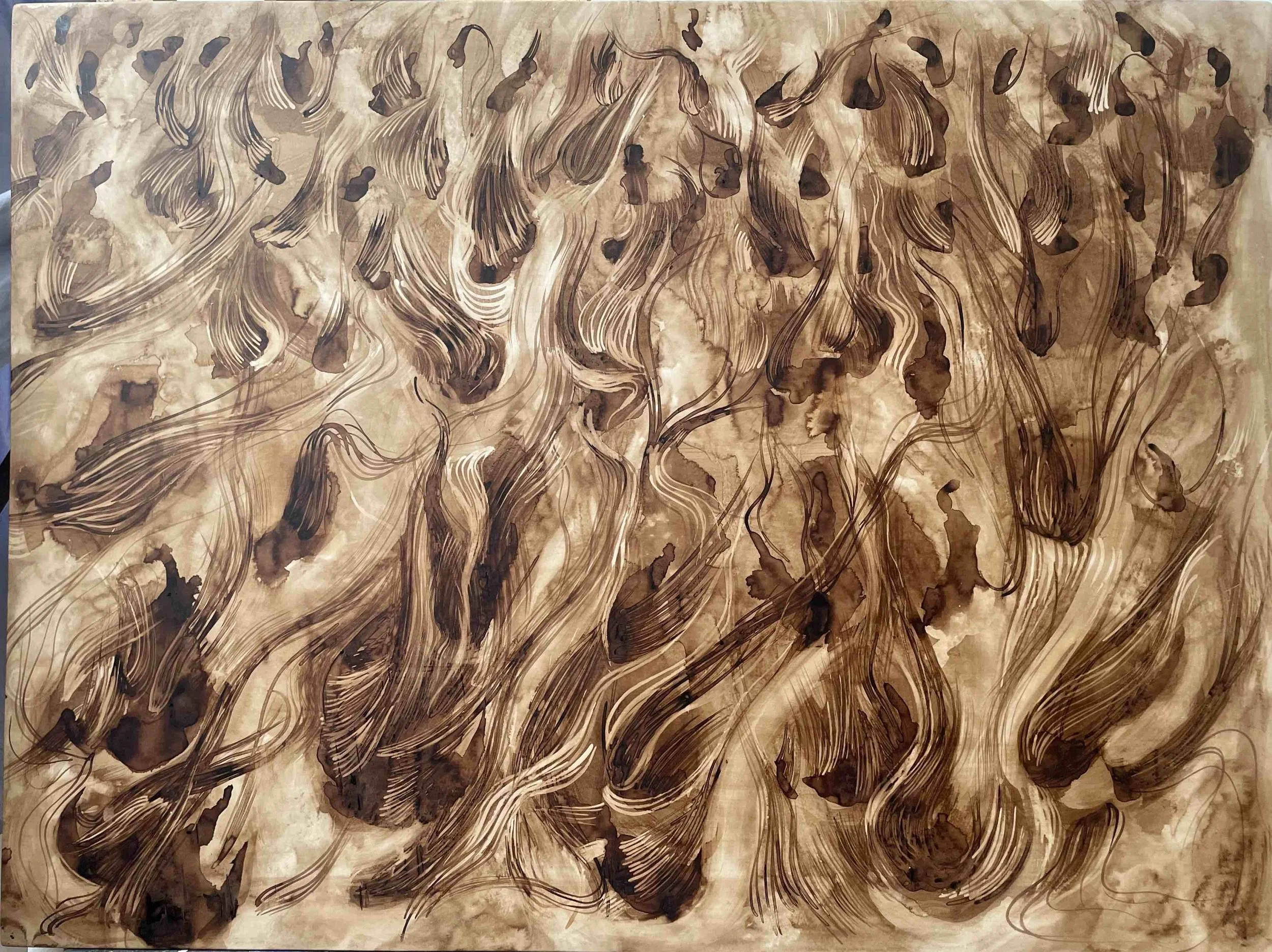 Exposition 30-05/30-06 24. MLS Galerie 123 quai des chartrons. Lavis brou noix Sagnes (enfer) 2023 130x97 cm  - papier marouflé sur toile sur chassis. 2000€