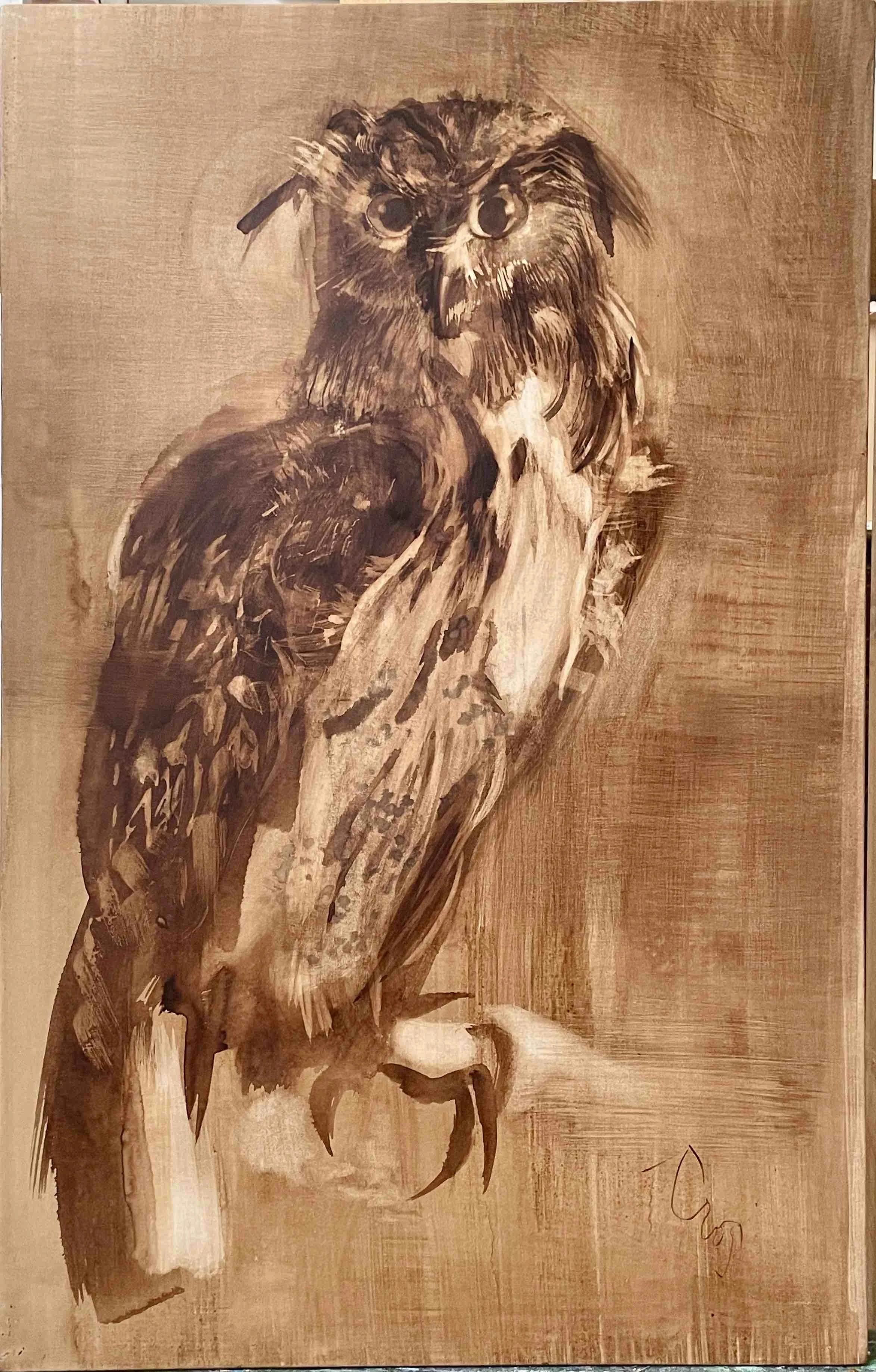 Exposition 30-05/30-06 24. MLS Galerie 123 quai des chartrons. Lavis brou de noix - Hibou 23 /70x110 cm    - papier marouflé sur toile sur chassis. 1500€
