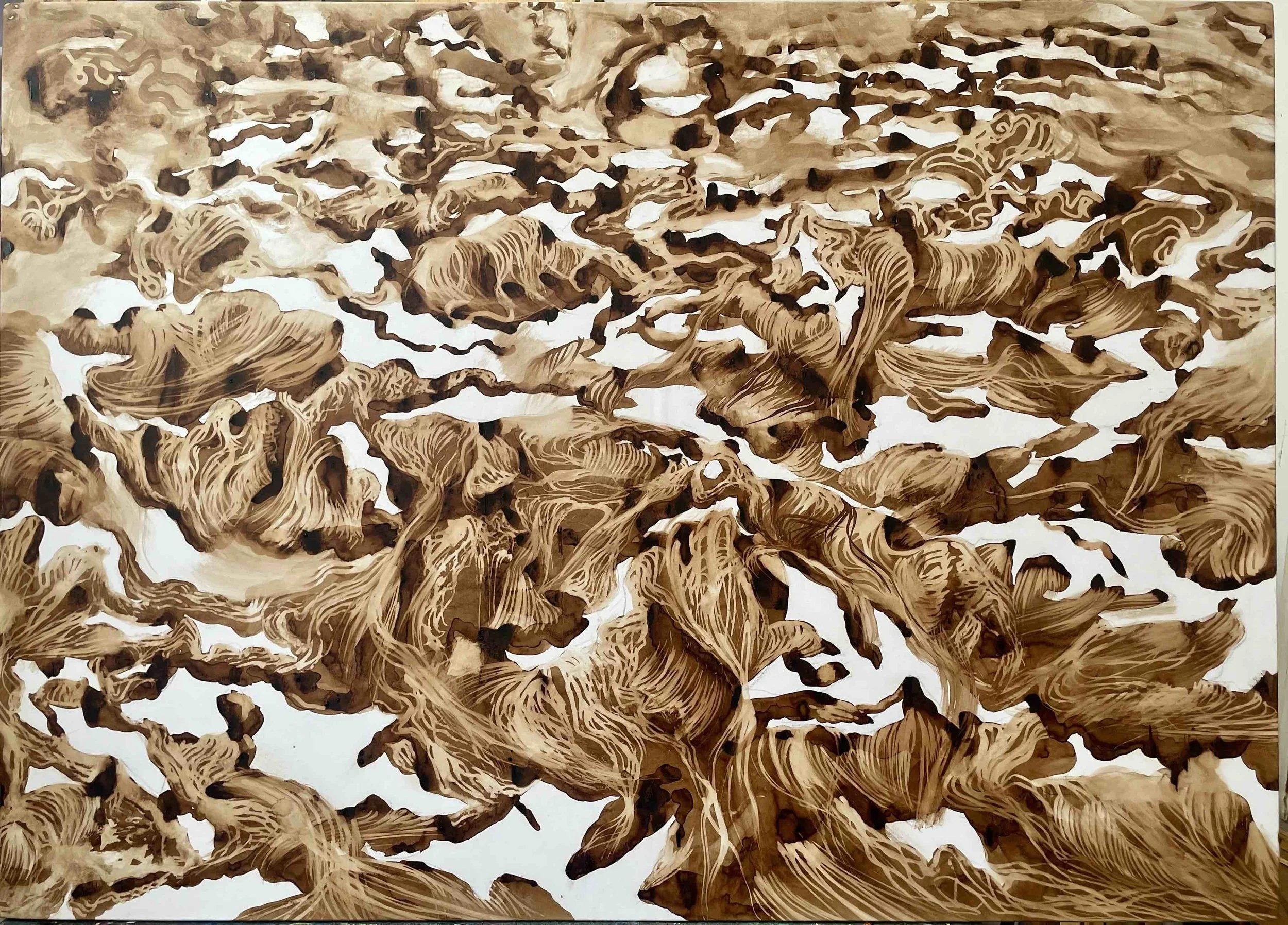 Exposition 30-05/30-06 24. MLS Galerie 123 quai des chartrons. Lavis brou noix Sagnes (Hiver) 2023 130x97 cm  - papier marouflé sur toile sur chassis. 2000€