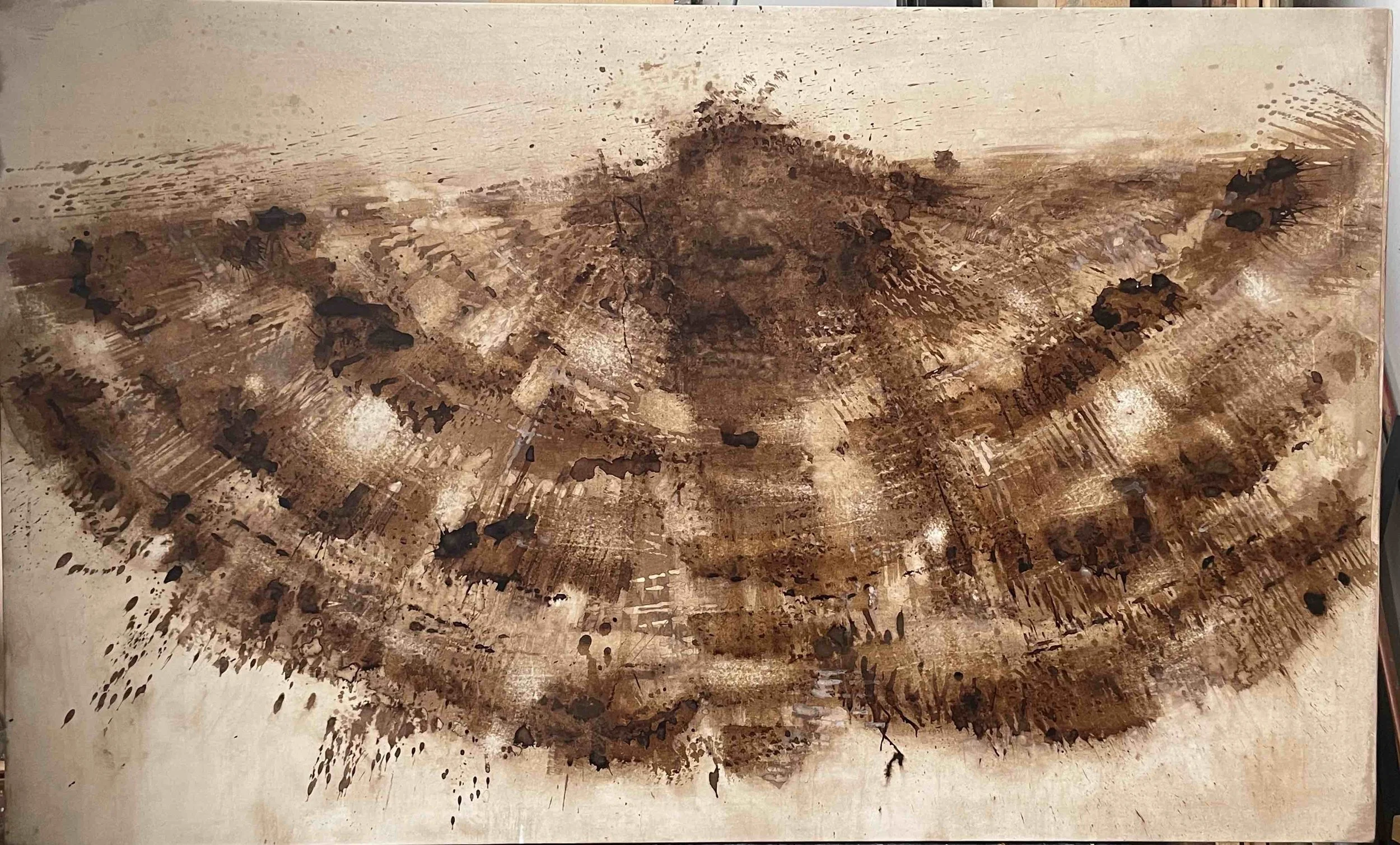 Exposition 30-05/30-06 24. MLS Galerie 123 quai des chartrons. Papillon tremblant - Lavis brou noix 2024 111x68cm - papier marouflé sur toile sur chassis. 1500€