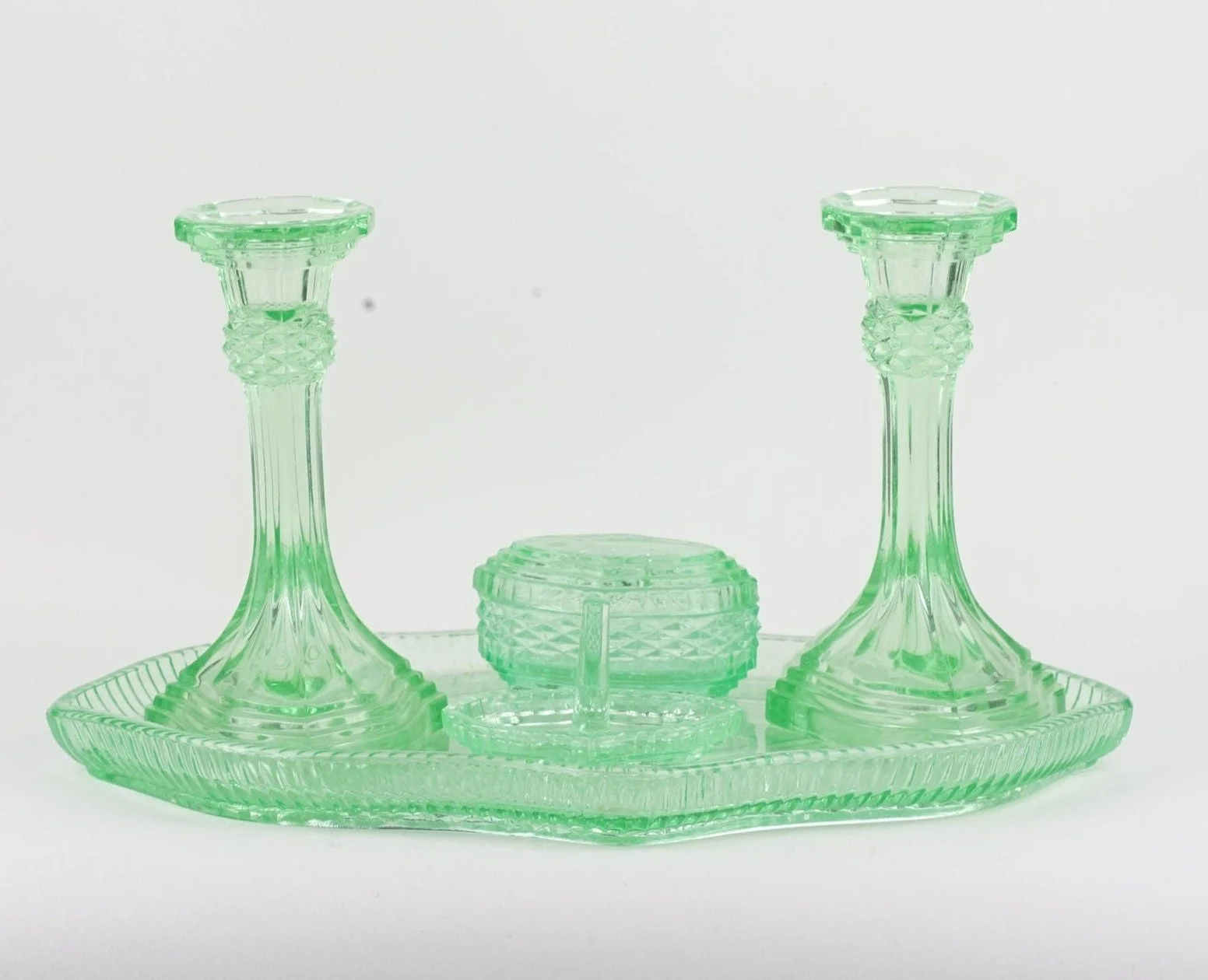 antique green glass dressing table set Green Glass Dressing Table Set Art Deco main image 0