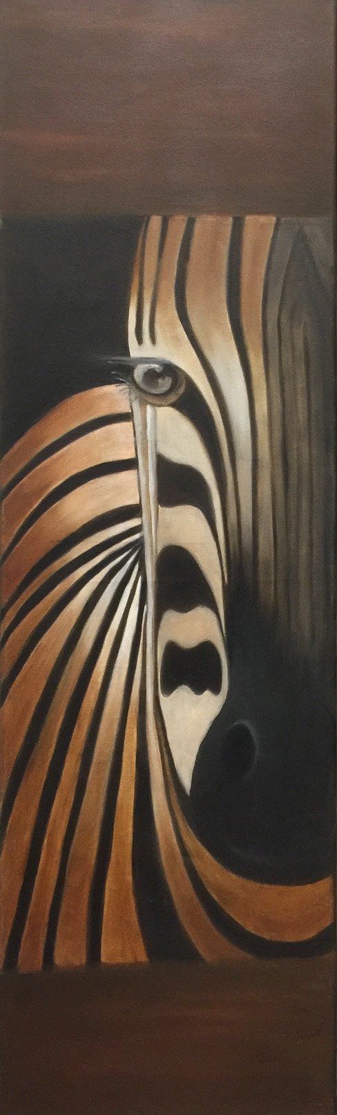Abstrakte Darstellung eines Zebras mit verwobenen schwarz-braunen Streifen und einem prominent hervorgehobenen Auge. Der Stil verleiht dem Bild eine surreale und künstlerische Note.