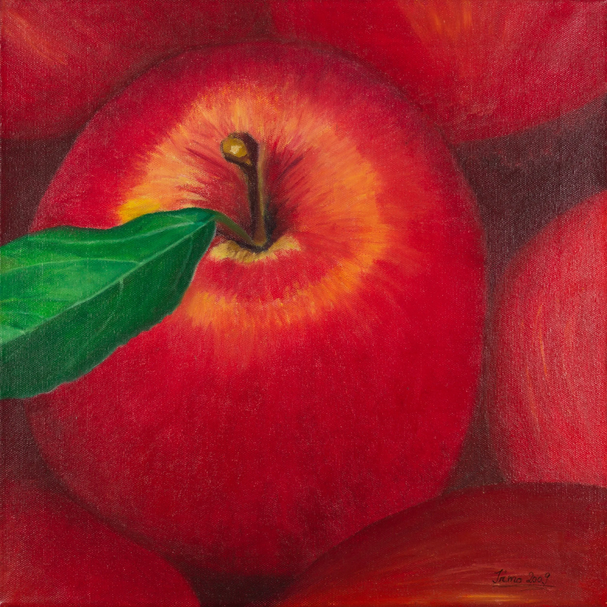 Gemälde eines roten Apfels mit grünem Blatt.