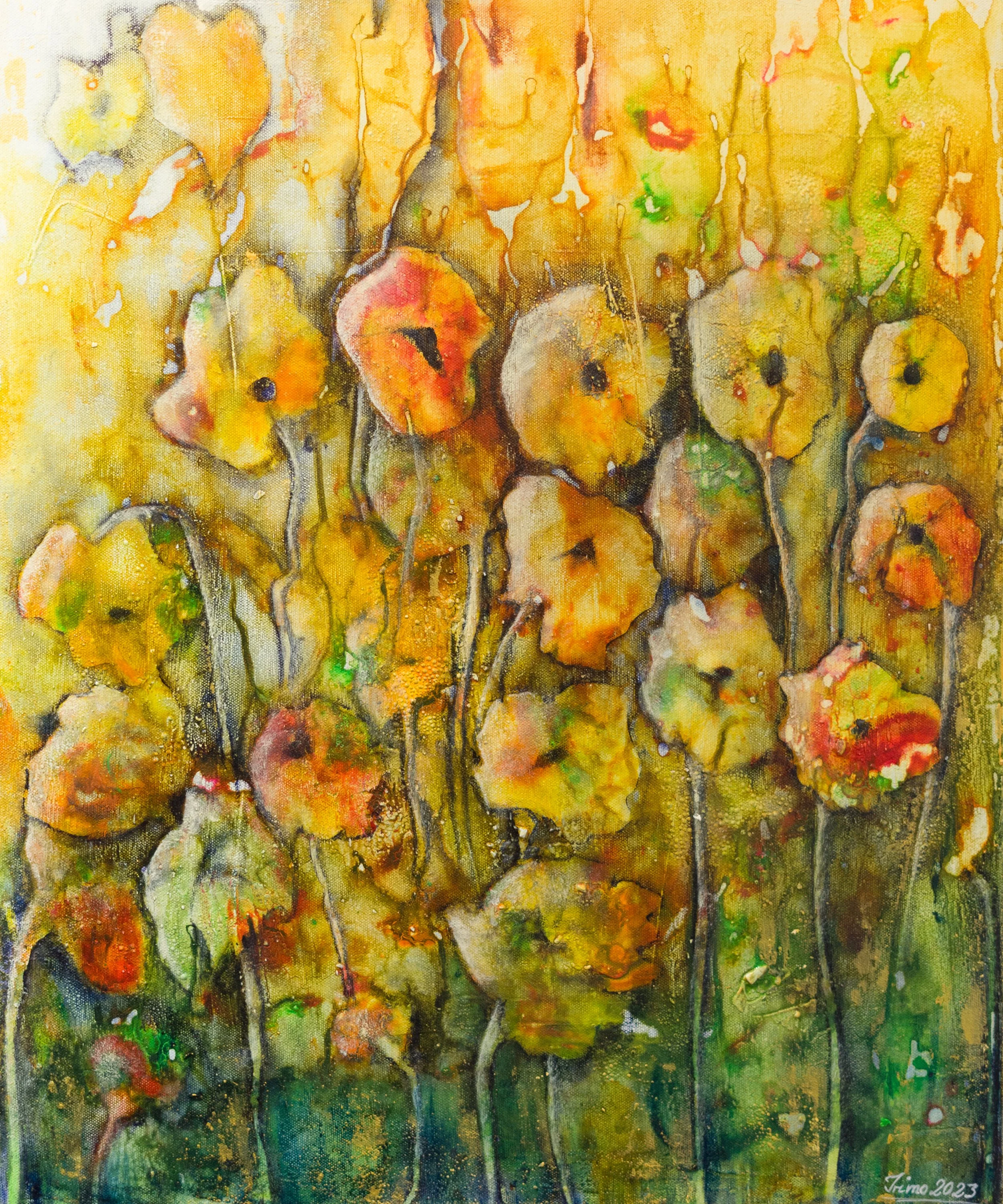 Buntes abstraktes Gemälde von Blumen mit gelben und orangefarbenen Blüten auf grünen Stielen, umgeben von einem hellen, verschwommenen Hintergrund.