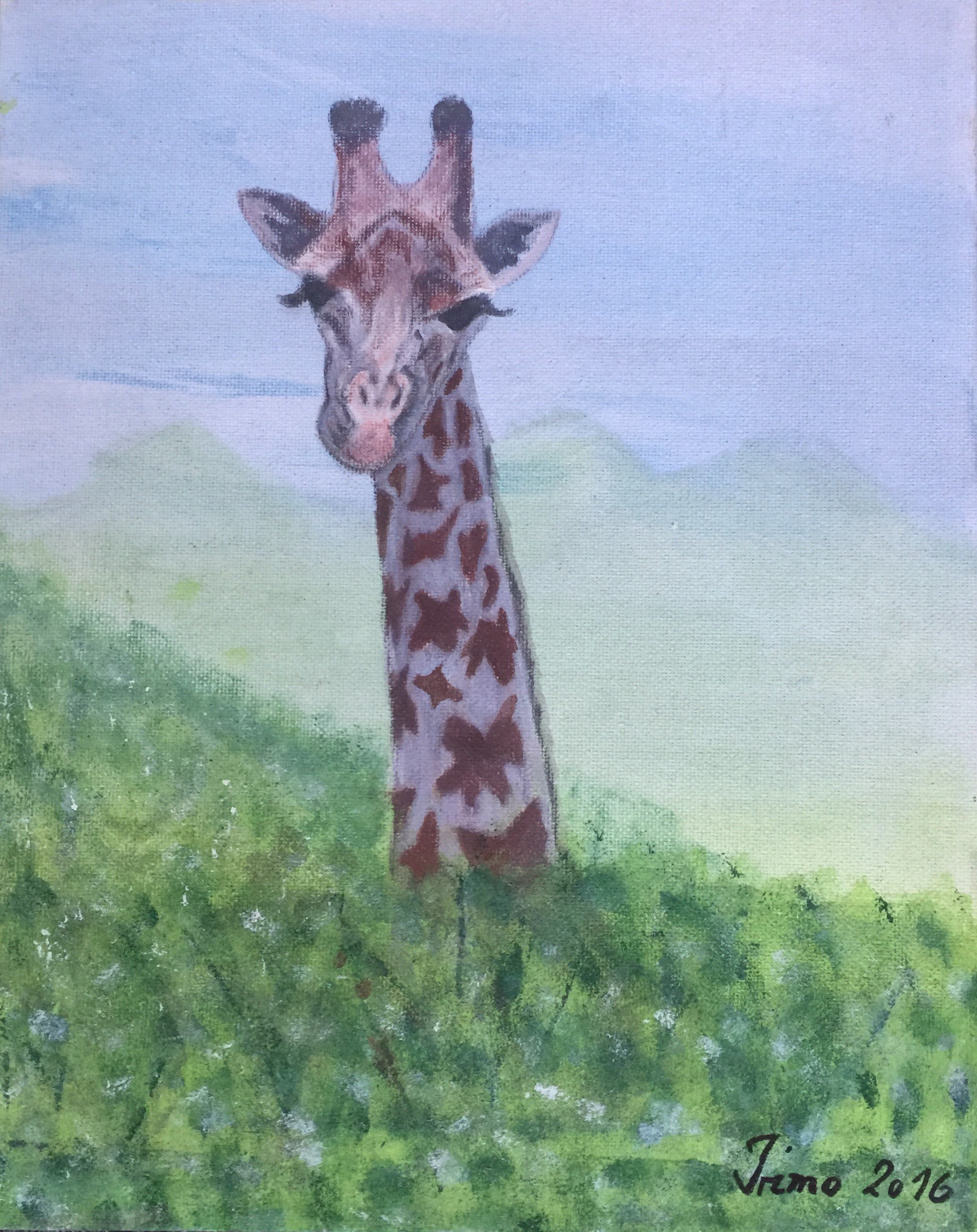 Gemälde einer Giraffe, die aus grünem Gras hervorragt, mit sanften Hügeln und blauem Himmel im Hintergrund.