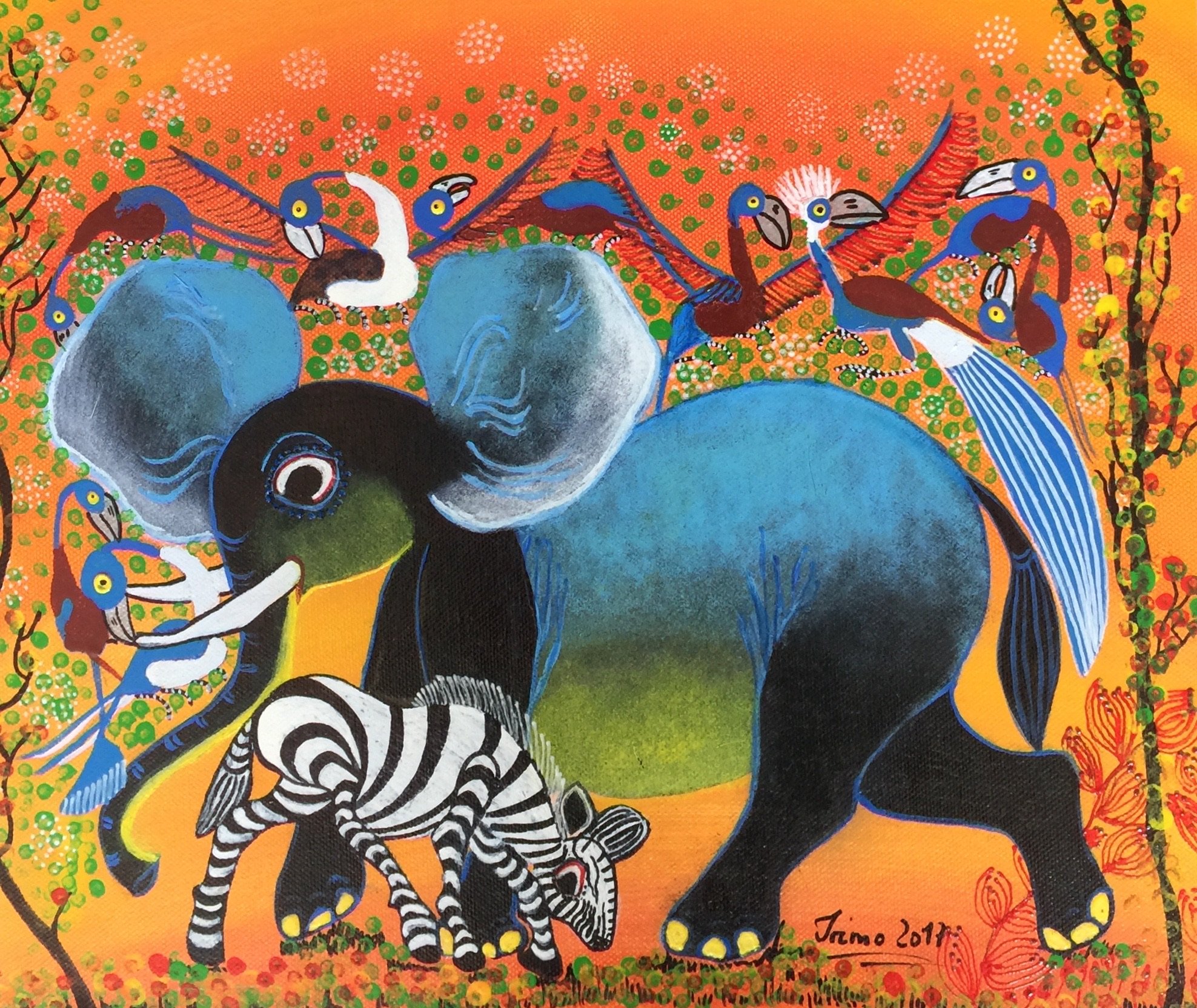 Buntes Gemälde eines Elefanten mit einem Zebra und mehreren bunten Vögeln im Hintergrund. Der Hintergrund ist orange und mit Blättern und Blumen verziert.