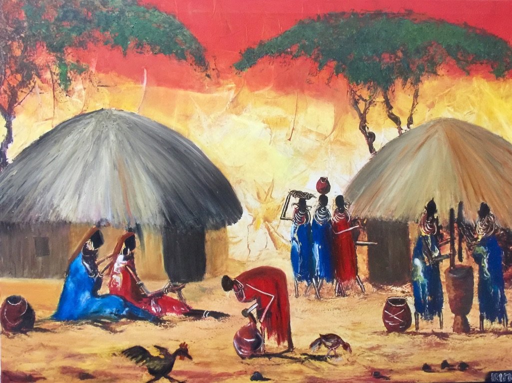 Gemälde einer afrikanischen Dorfszene mit Menschen in traditioneller Kleidung vor strohgedeckten Hütten, Bäume im Hintergrund und warmen Erdtönen.