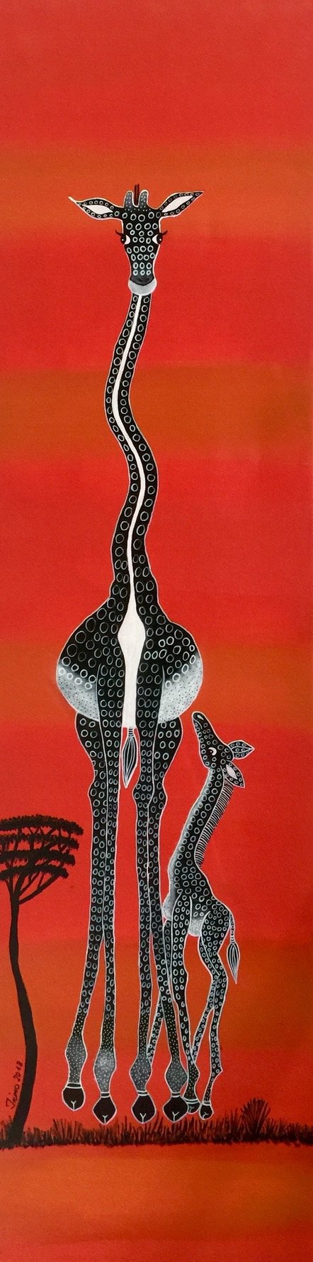 Zwei stilisierte Giraffen vor einem orangefarbenen Hintergrund, eine große und eine kleine, mit weißen Punkten auf ihrem Körper. Links steht ein stilisierter Baum. Künstlicher Malstil.
