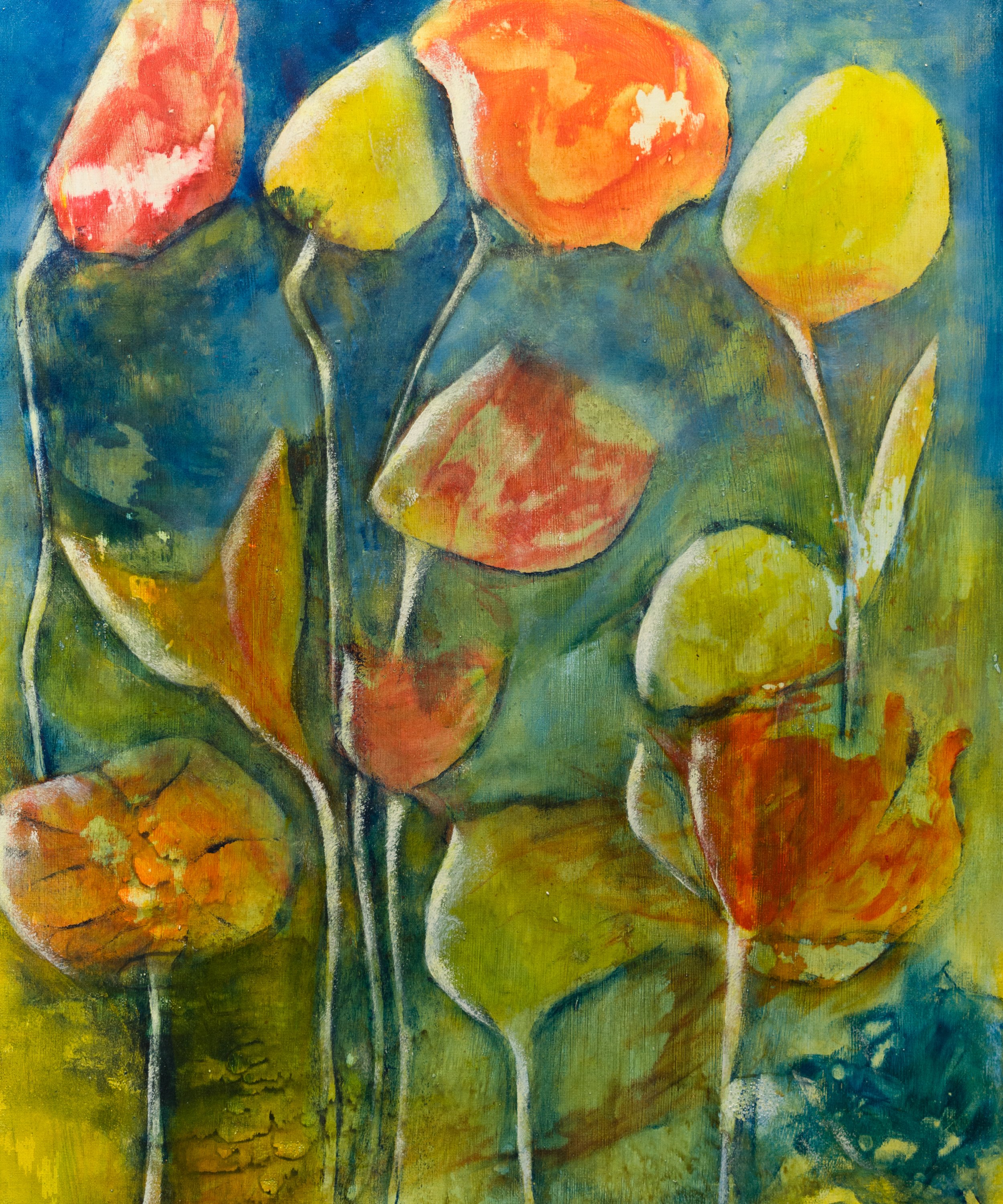 Abstrakte Malerei mit Blumen, leuchtende Farben in Blau, Rot und Gelb