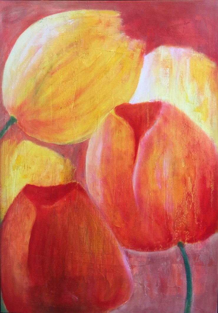 Abstrakte Malerei mit gelben und roten Tulpenblüten