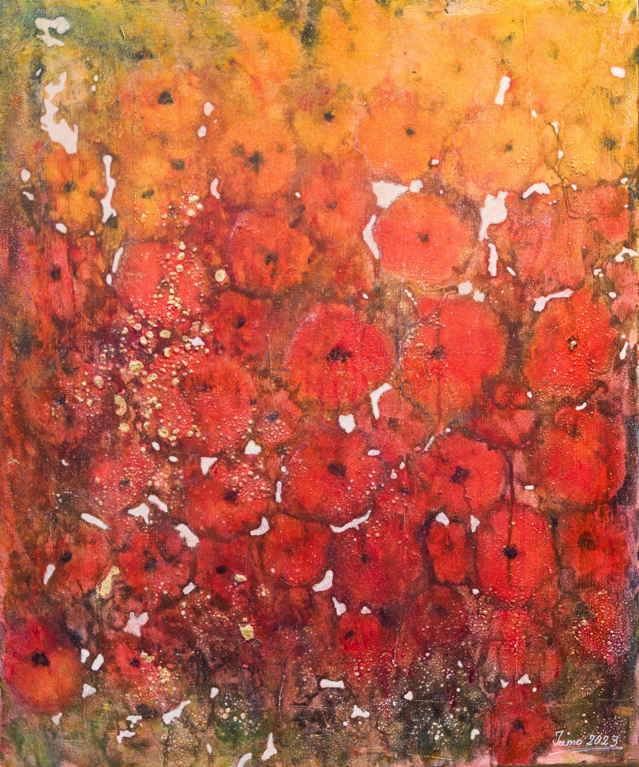 Abstraktes Kunstwerk mit orange-roten und gelben Blumen auf strukturiertem Hintergrund.