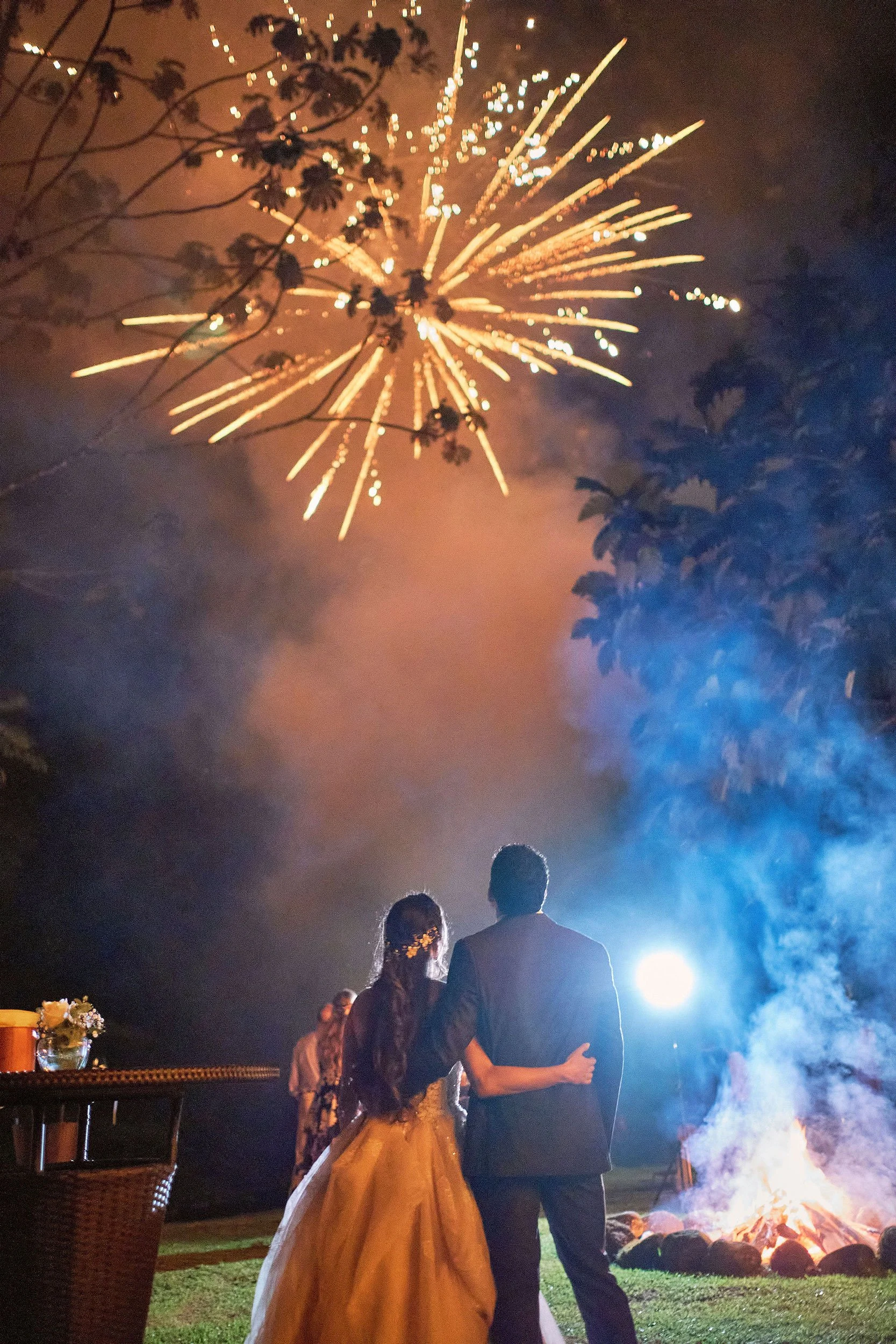 Tropical rainforest fireworks at wedding dinner