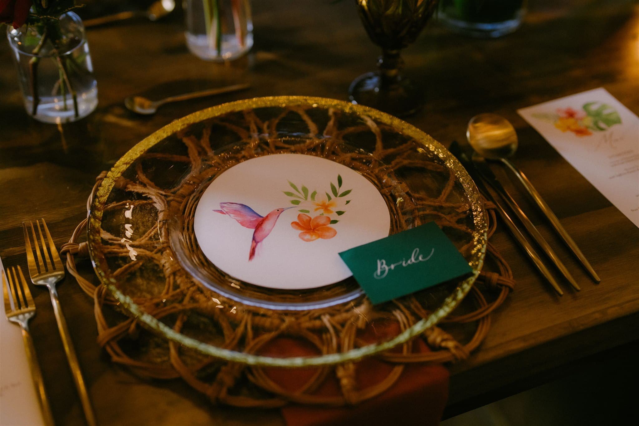 custom wedding menu and plates for a wedding reception in costa rica