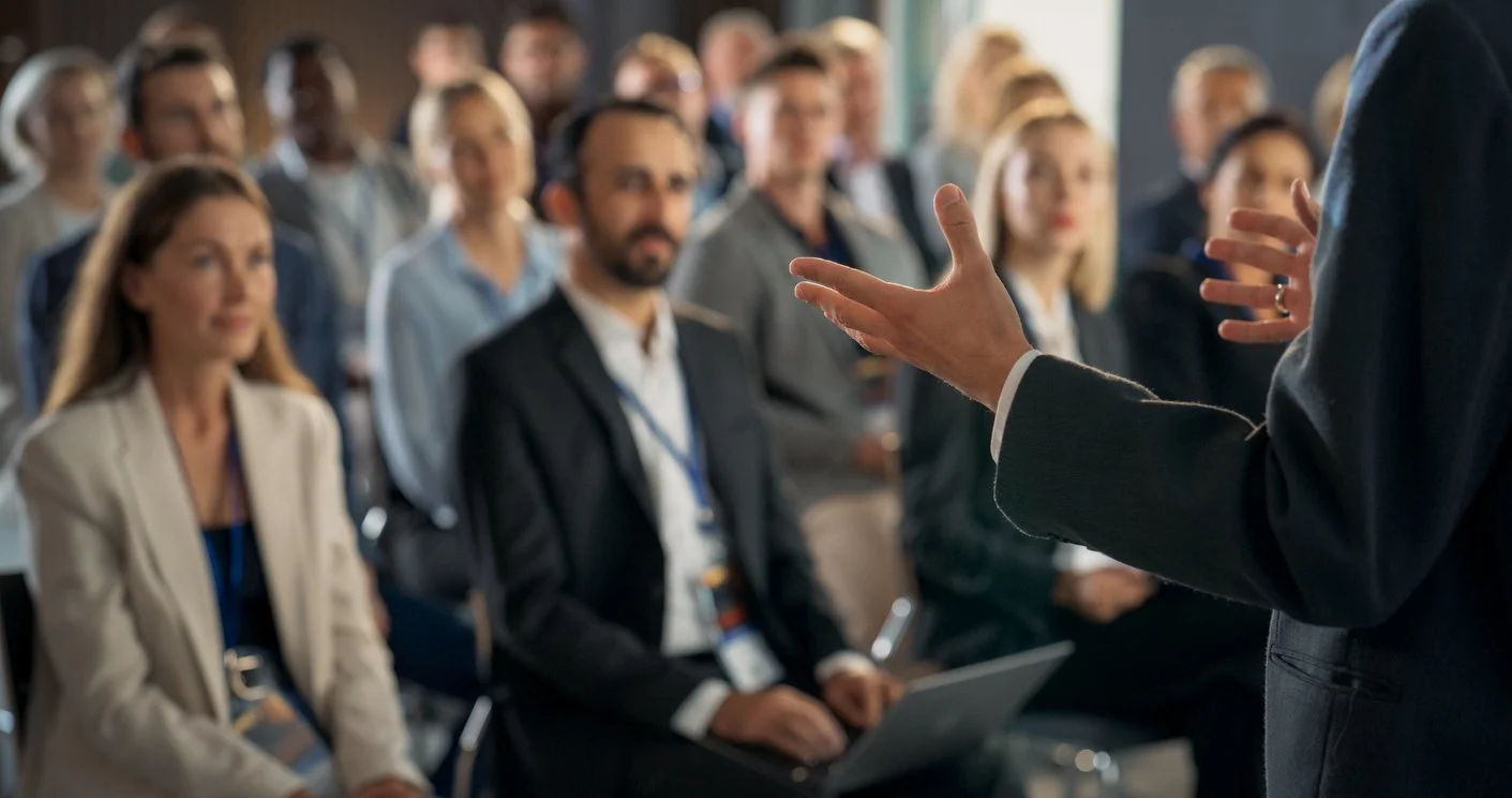 Man giving a keynote address on culture driven results