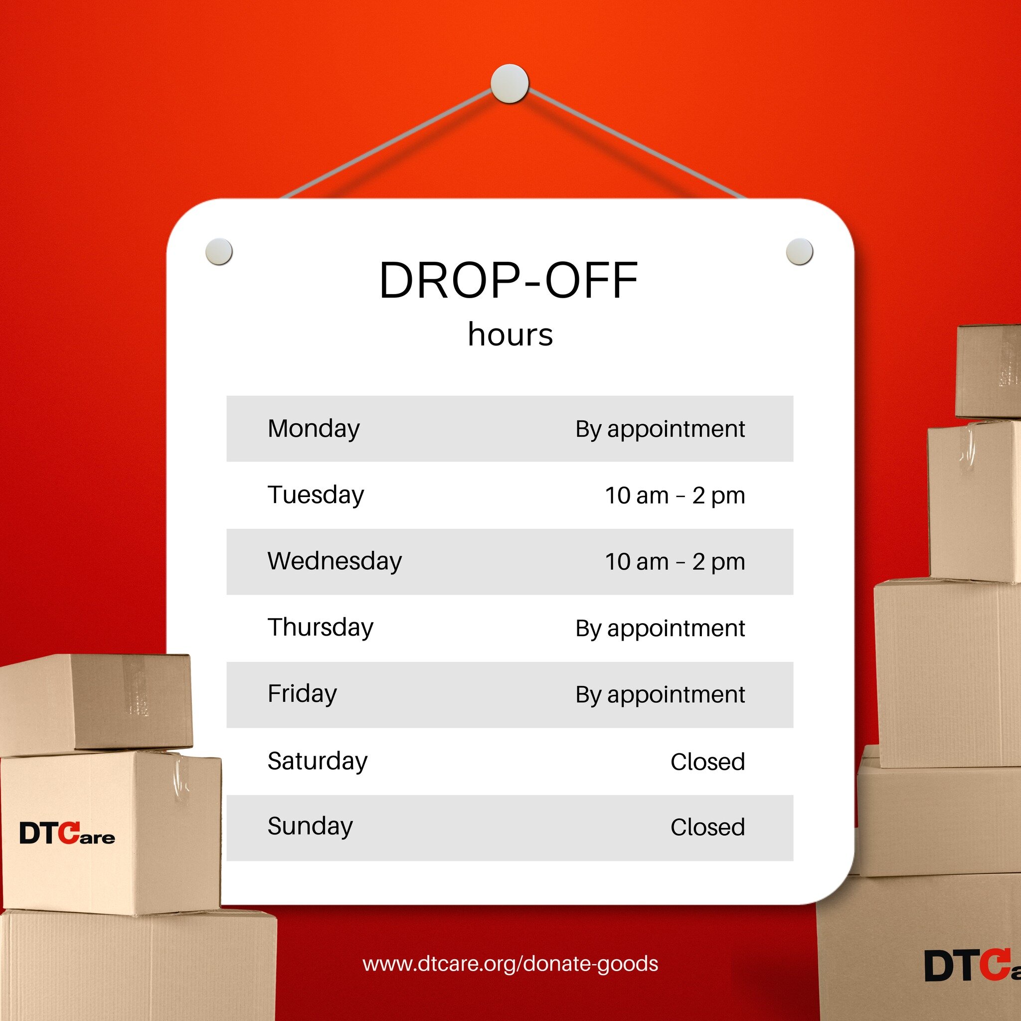 New year, new donation drop-off times! 🕐 DTCare is committed to supporting vulnerable communities around the world. Your generous contributions are fundamental to sending surplus goods from the United States to those who need them most.

To ensure e
