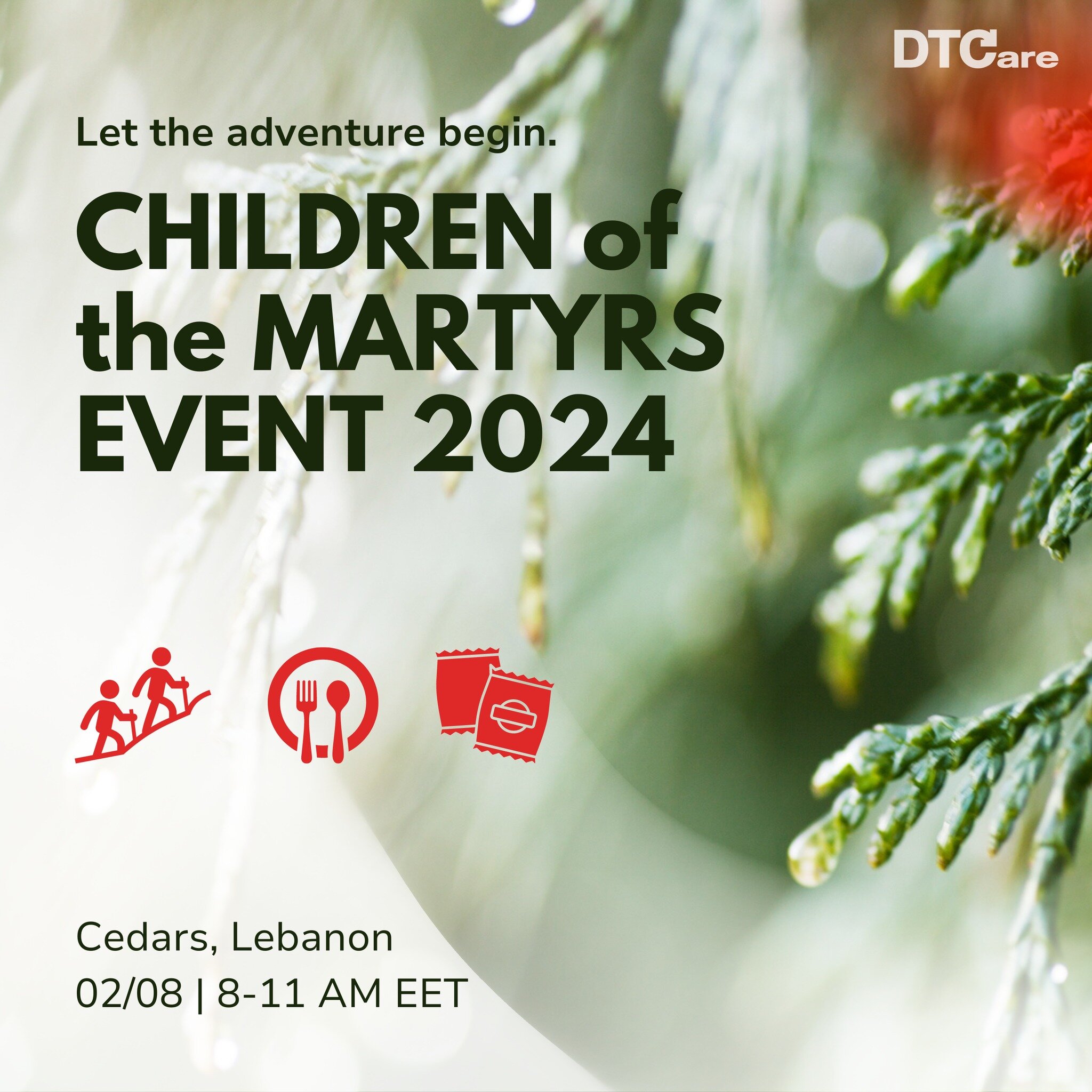 DTCare is hosting our Second Children of Martyrs Event with 60 young people on 8 February 2024 at Cedars from 8-11 AM EET to pay homage to the brave men and women who made the ultimate sacrifice for Lebanon. 🌲🇱🇧 Stay tuned for more!

#TheDTCareDif