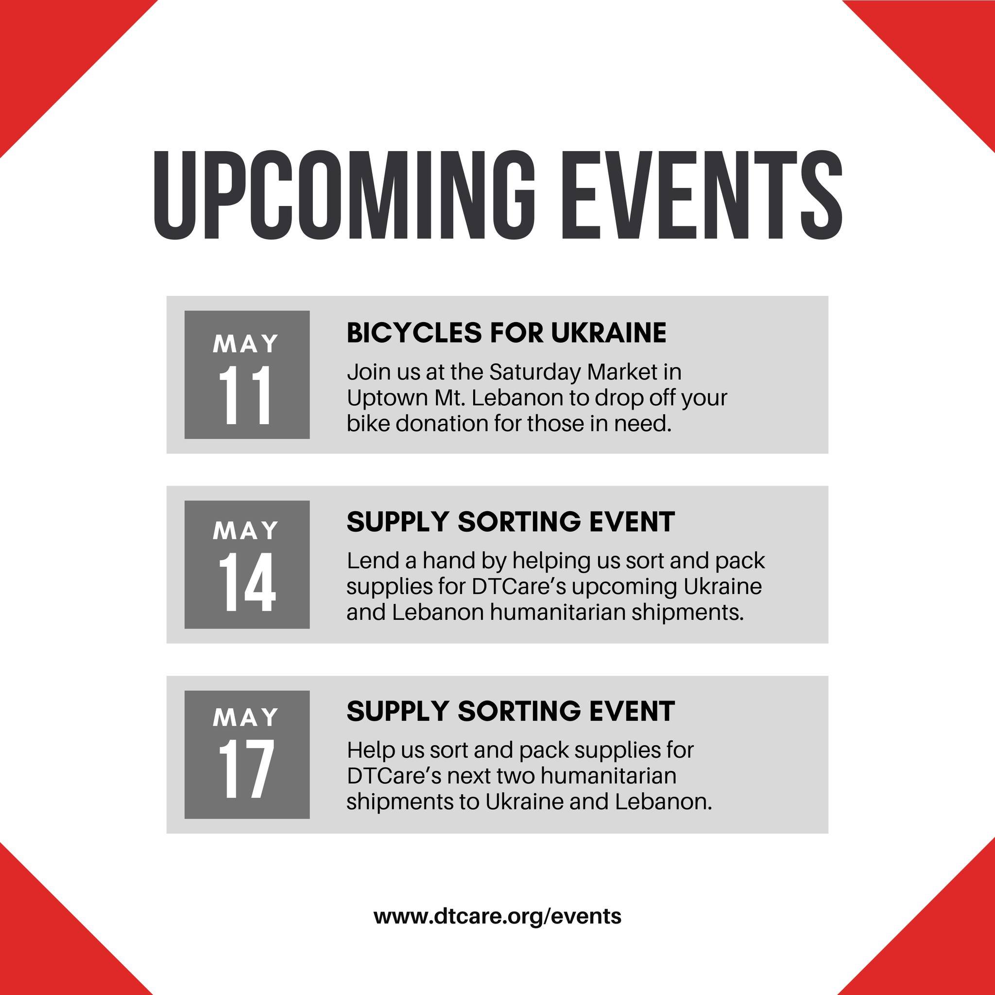 Looking for a meaningful way to make a difference? 🤝✨ Check out our upcoming events for ways you can get involved in May:

Bicycles for Ukraine: May 11 - 9am to 11am
Join us at the Saturday Market on the lawn in front of Citizen's Bank at 712 Washin