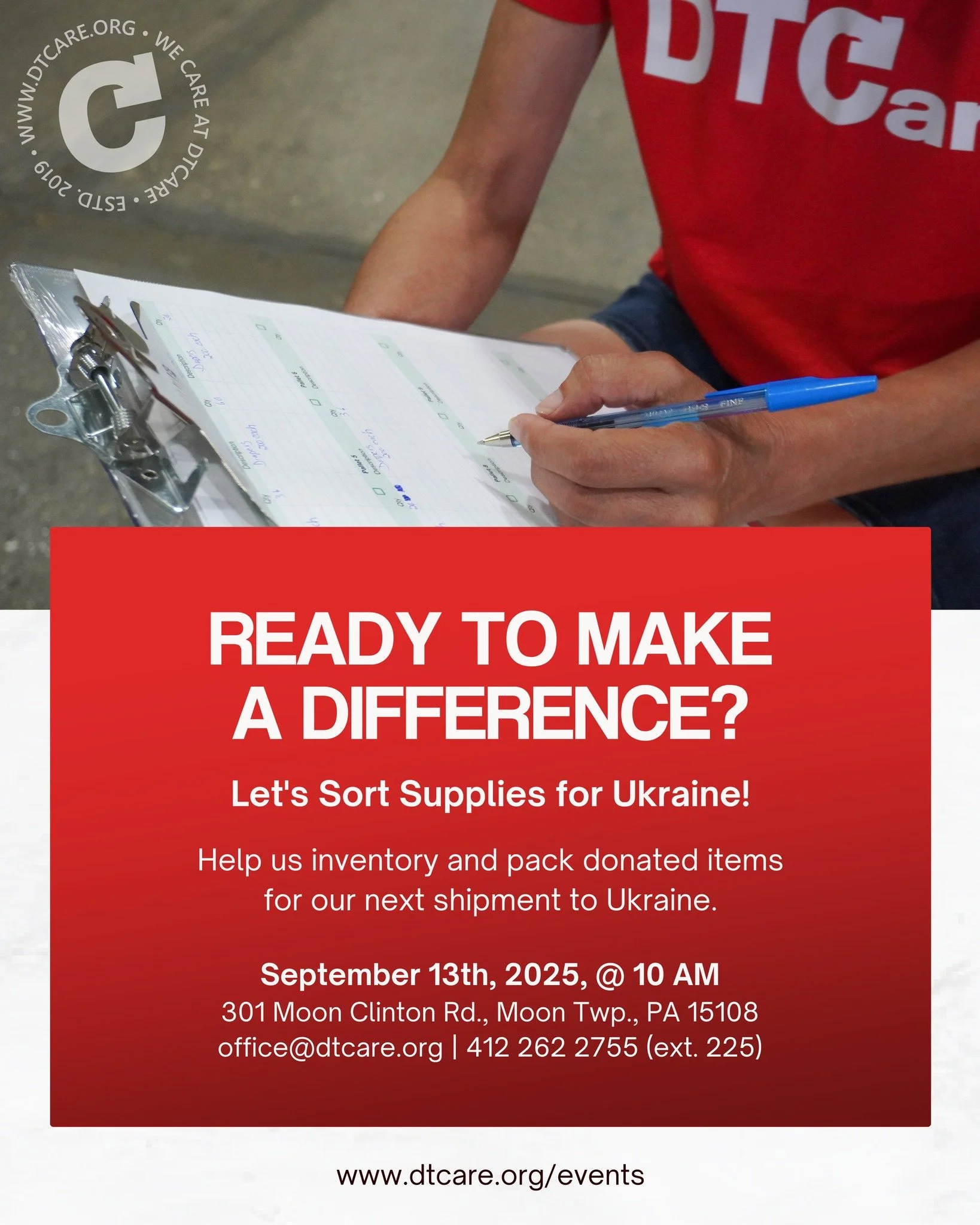 Volunteers wanted! 🤝 Join DTCare's upcoming Supply Sorting Event on the 13th of September from 10 AM at 301 Moon Clinton Rd., Moon Township, PA 15108.  Help us sort and pack donated supplies for our next humanitarian shipment to Ukraine.

If you wan