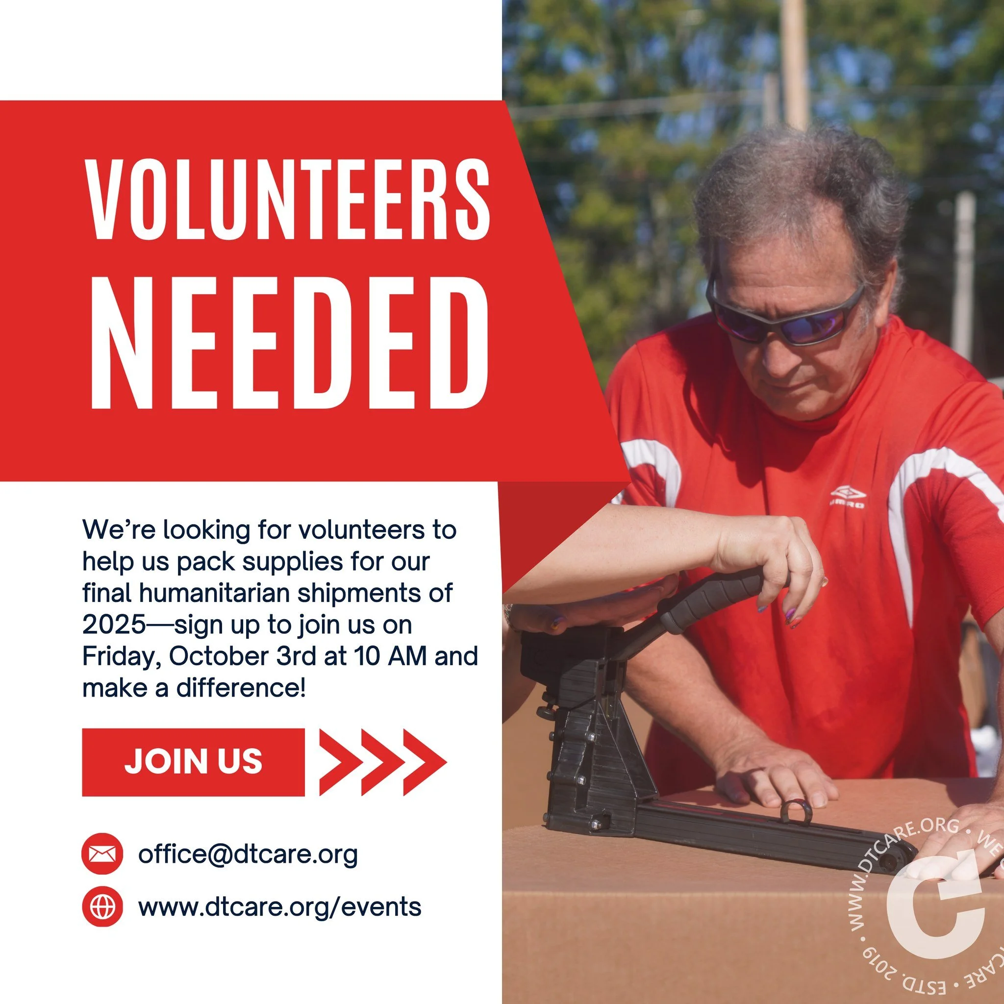 Calling all volunteers! 📢 Help sort, inventory, and pack donated supplies for DTCare&rsquo;s final humanitarian shipments of 2025 to Lebanon and Ukraine.

𝗙𝗿𝗶𝗱𝗮𝘆, 𝗢𝗰𝘁𝗼𝗯𝗲𝗿 𝟯 &bull; 𝟭𝟬 𝗔𝗠
Enjoy complimentary lunch, meet new friends, 
