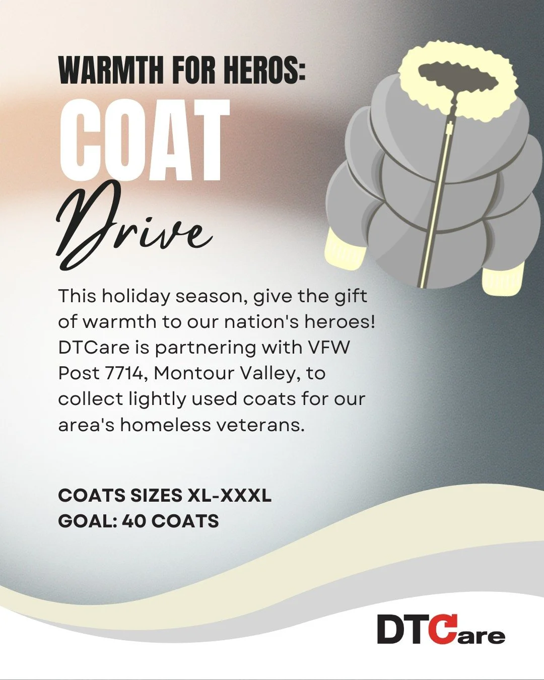 This holiday season, help us keep our nation&rsquo;s heroes warm. DTCare, in partnership with @vfwpost7714, is collecting lightly used coats for homeless veterans.

✅ Urgent Need: XL &amp; larger sizes (XXL, XXXL+)
🎯 Goal: 40 coats
📍 Drop-off by Fe