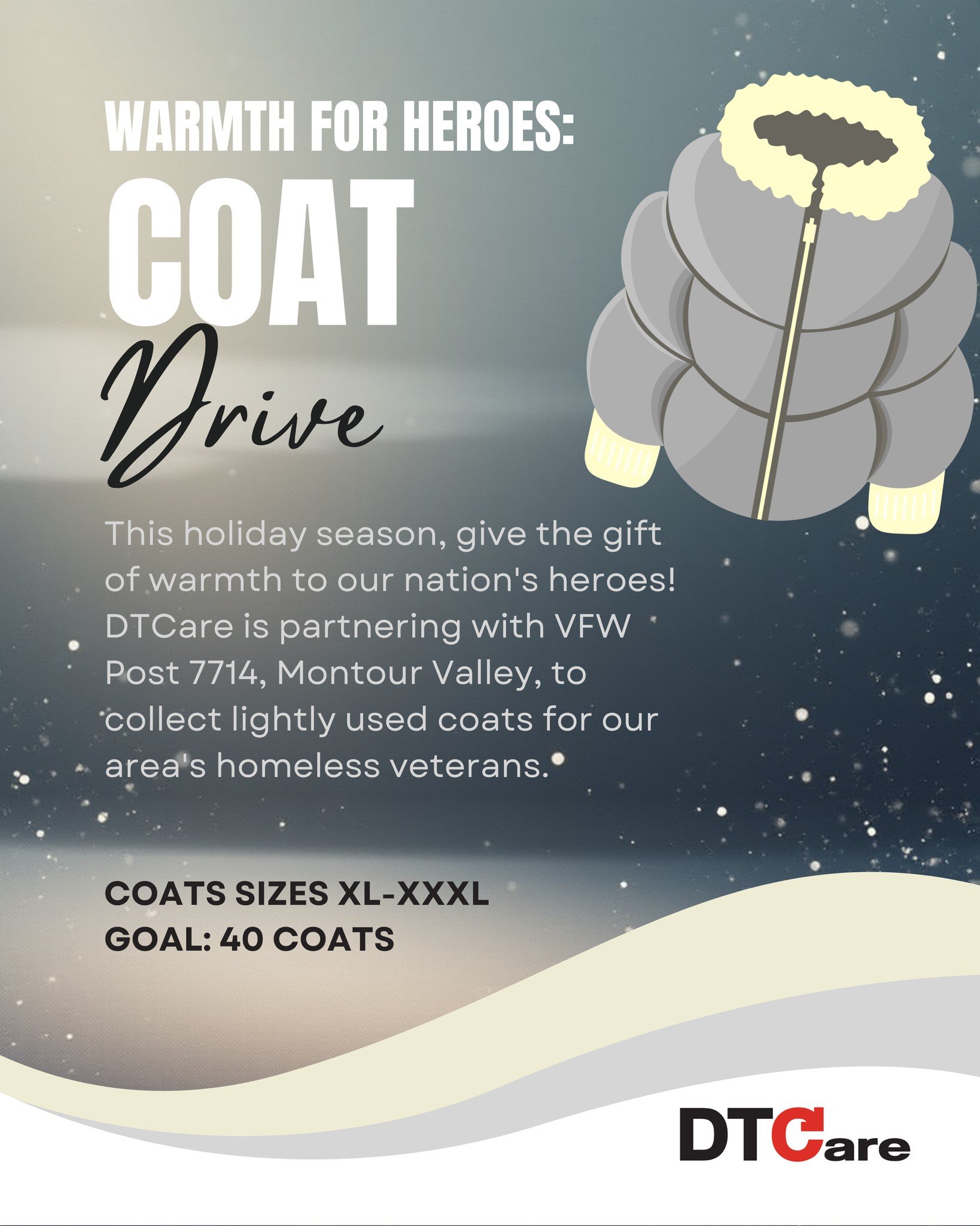 ❄ Imagine facing winter without a coat&mdash;our local veterans shouldn&rsquo;t have to. This holiday season, you can be the reason a homeless veteran stays warm. DTCare and VFW Post 7714 are collecting lightly used coats, especially larger sizes (XL