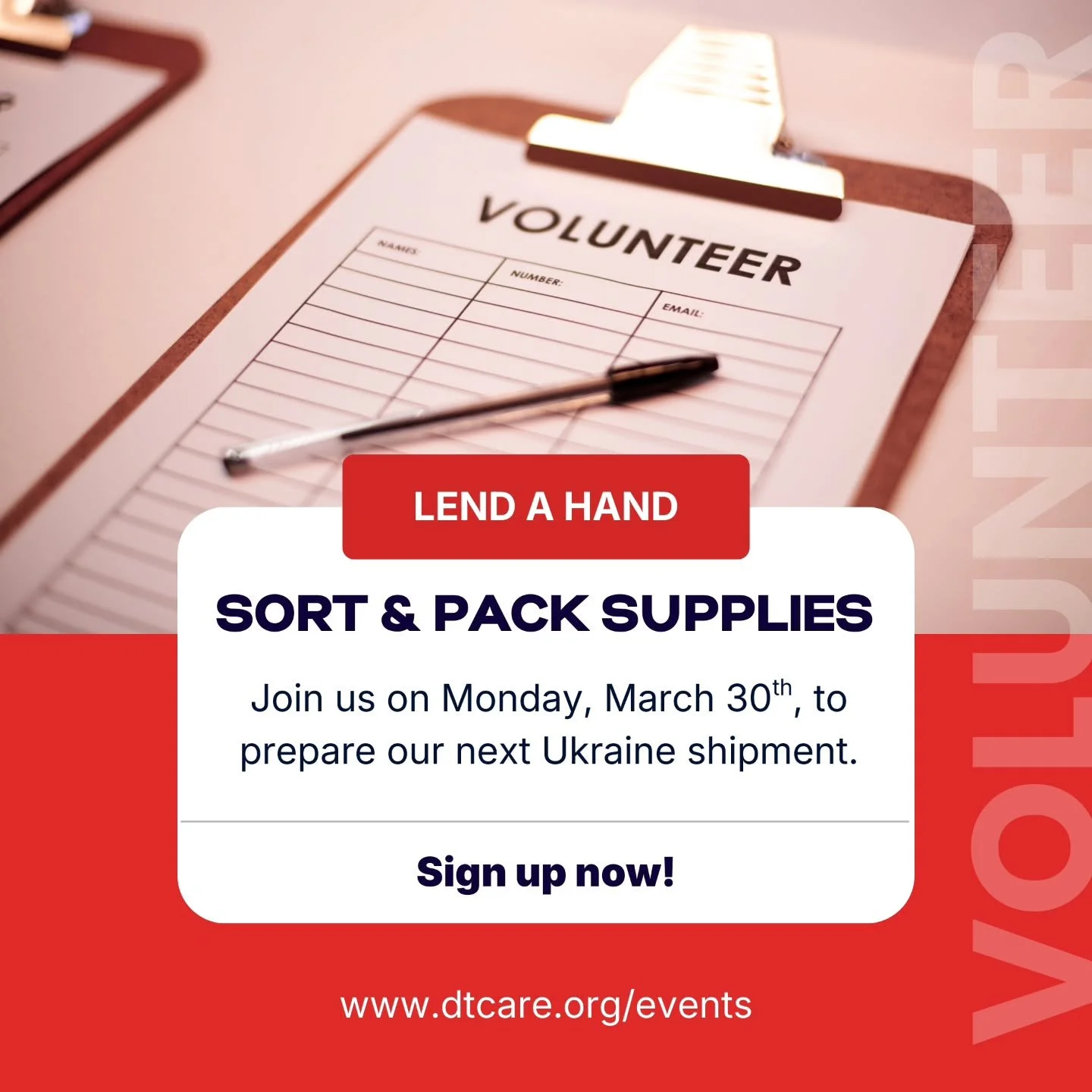 Calling all volunteers! Join DTCare on Monday, March 30th at 9:30 AM to help sort and pack critical supplies for our upcoming humanitarian shipment to Ukraine. Complimentary refreshments and lunch provided.
Sign up by March 29th: dtcare.org/events/pa