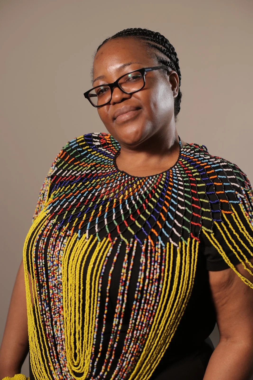 Thenjiwe Nkogatsi, Care Studios artisan, wearing a beaded collar