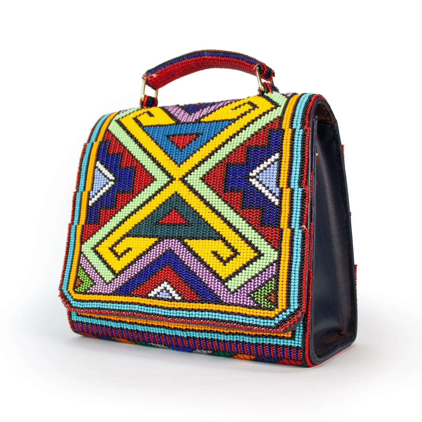 Beaded handbag with a yellow X pattern