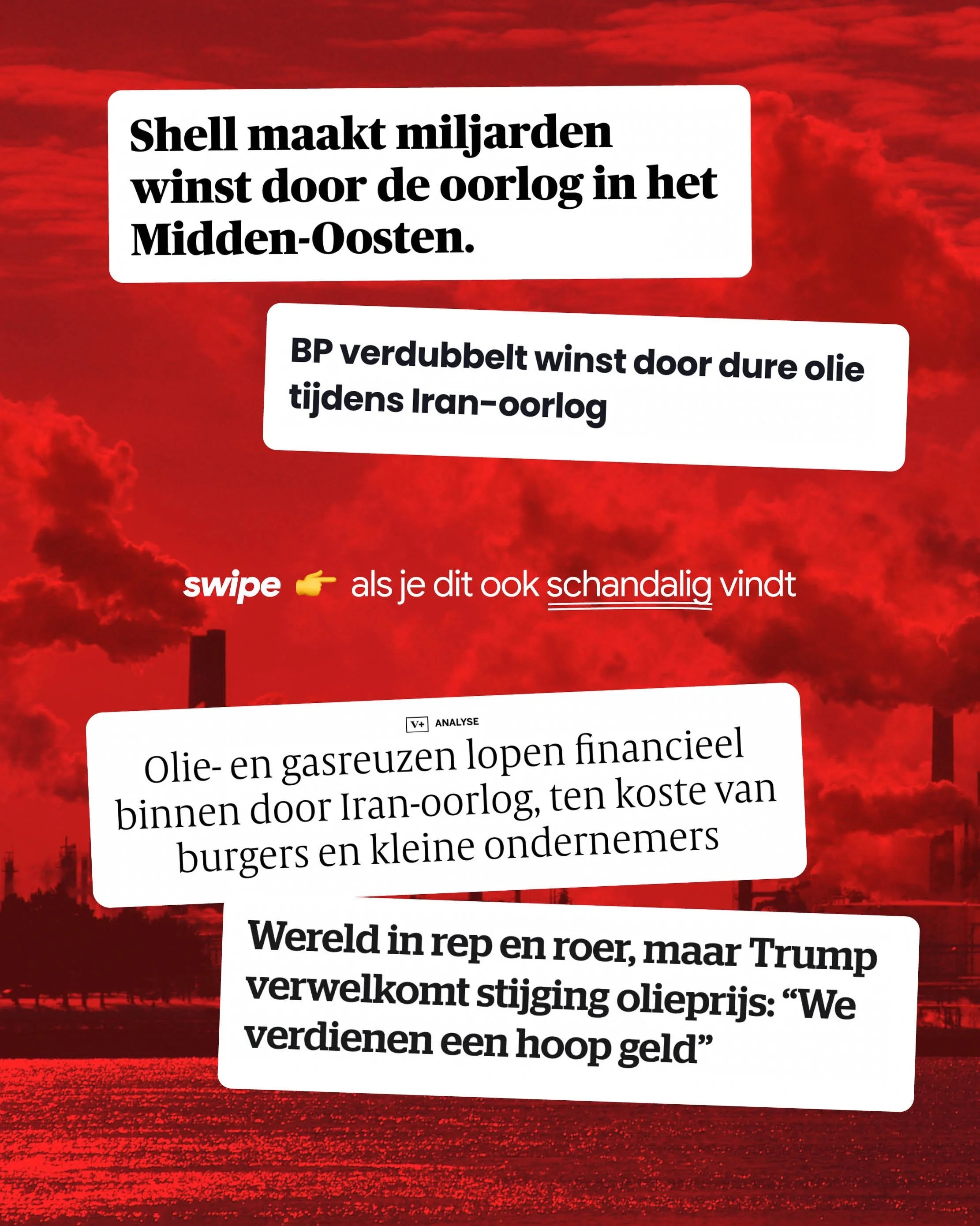 Terwijl gewone mensen aankijken tegen een moeilijke winter met torenhoge energiefacturen, verdienen fossiele brandstofbedrijven miljarden extra door de oorlog van Trump in Iran. Dat is toch gortig?

Daarom dienden we deze week met @vooruit.nu een voo