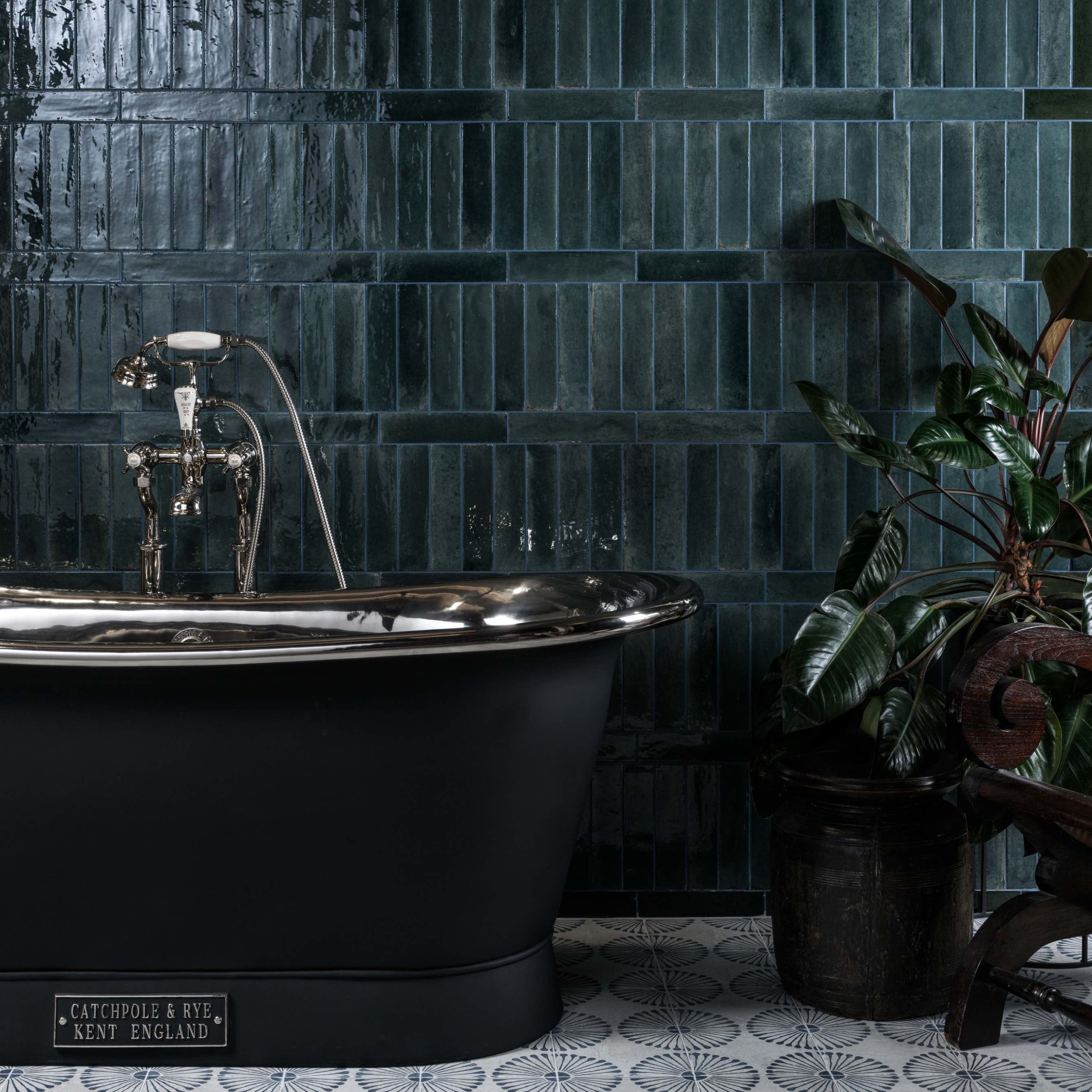 navy glossy brick style tiles