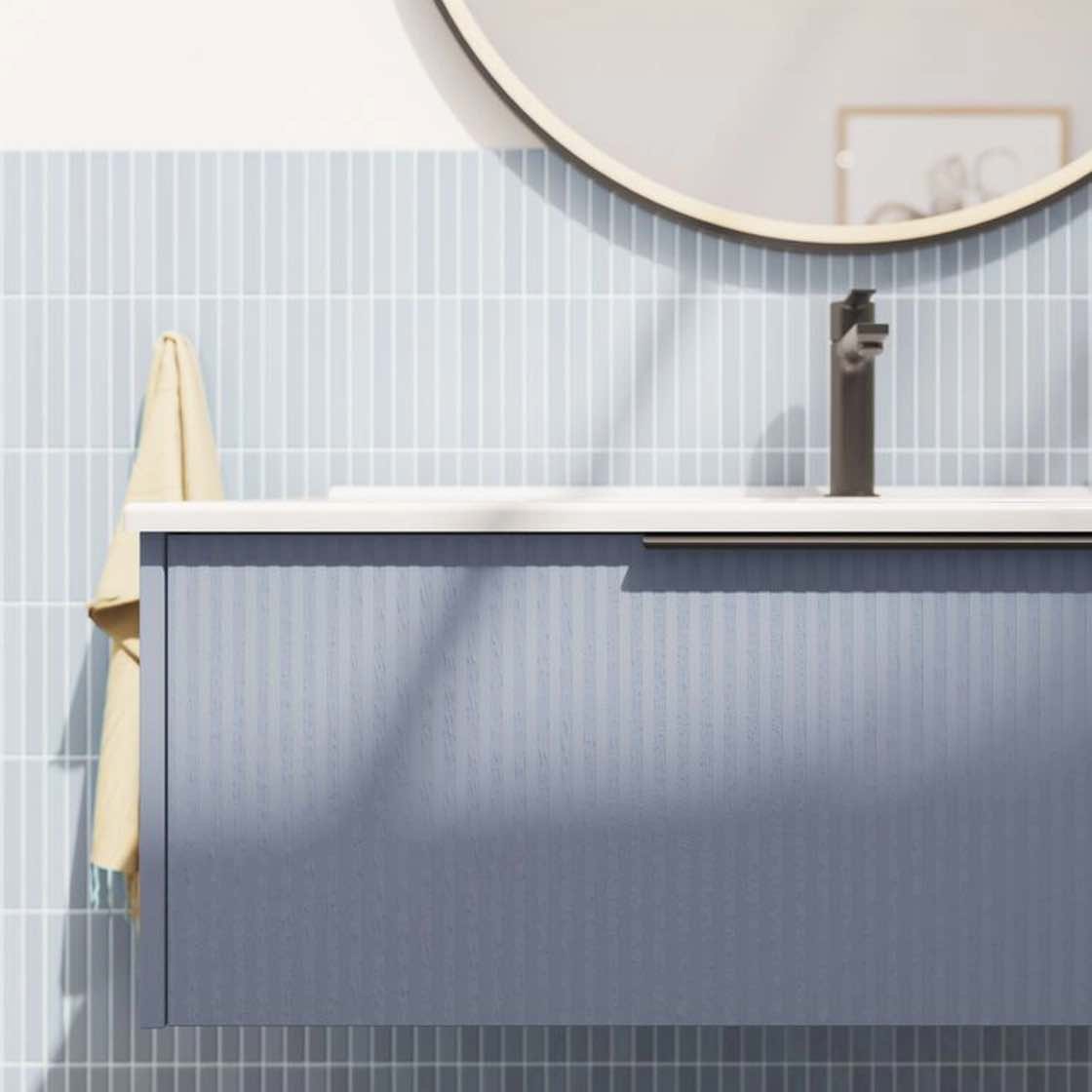 Close up of blue vanity units in bright bathroom