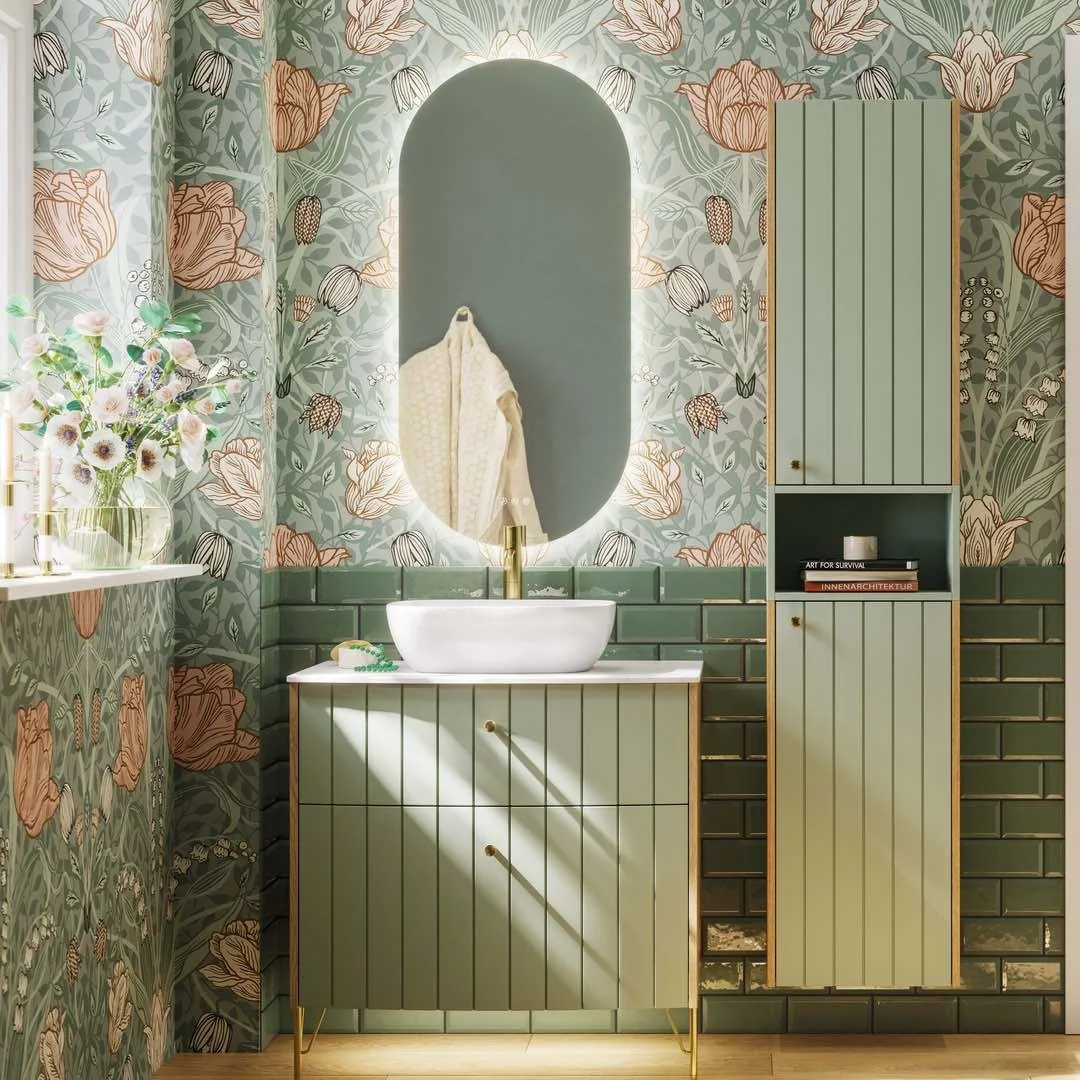 Oval mirror with back lighting in floral bathroom