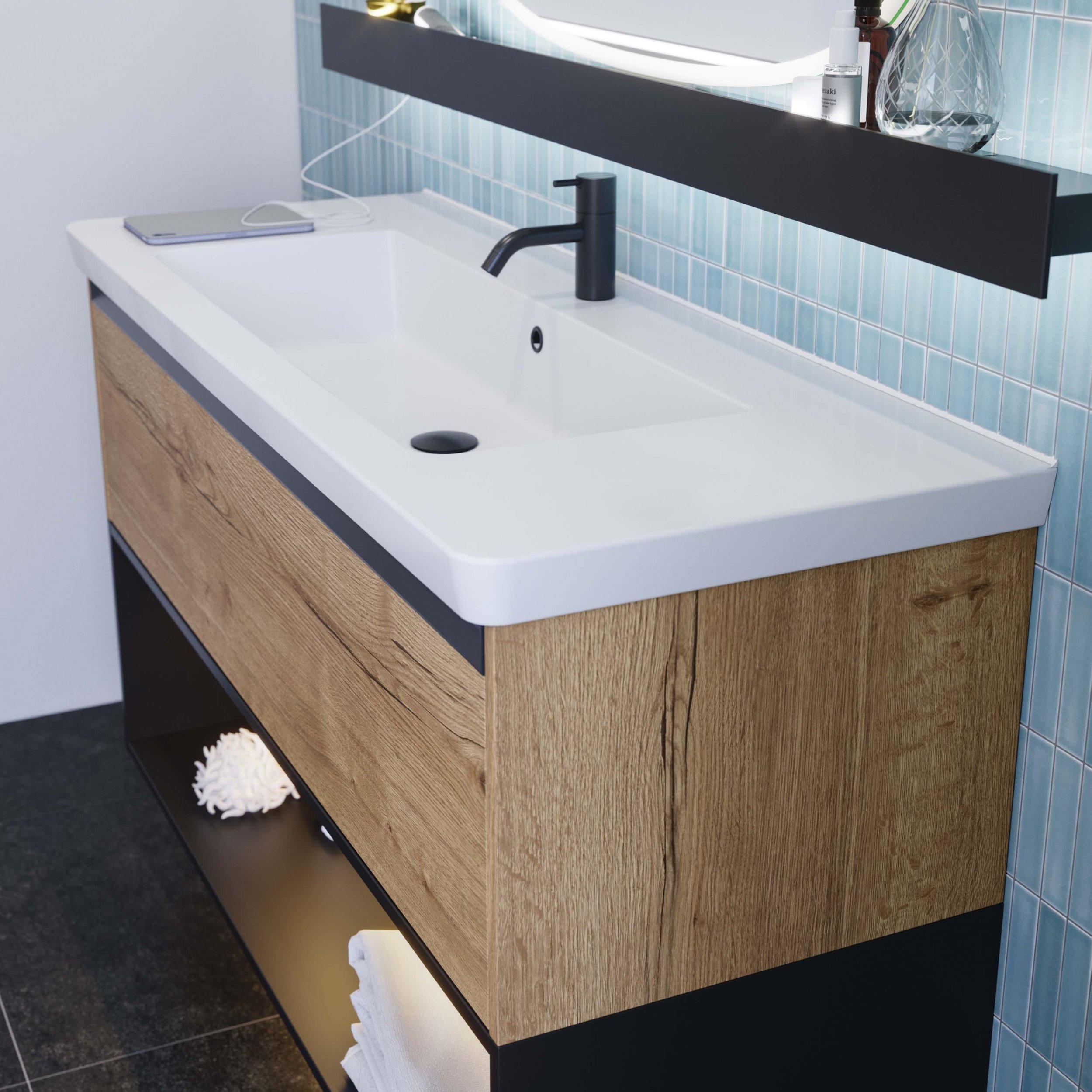 floating wooden vanity unit on blue tiled bathroom wall close up