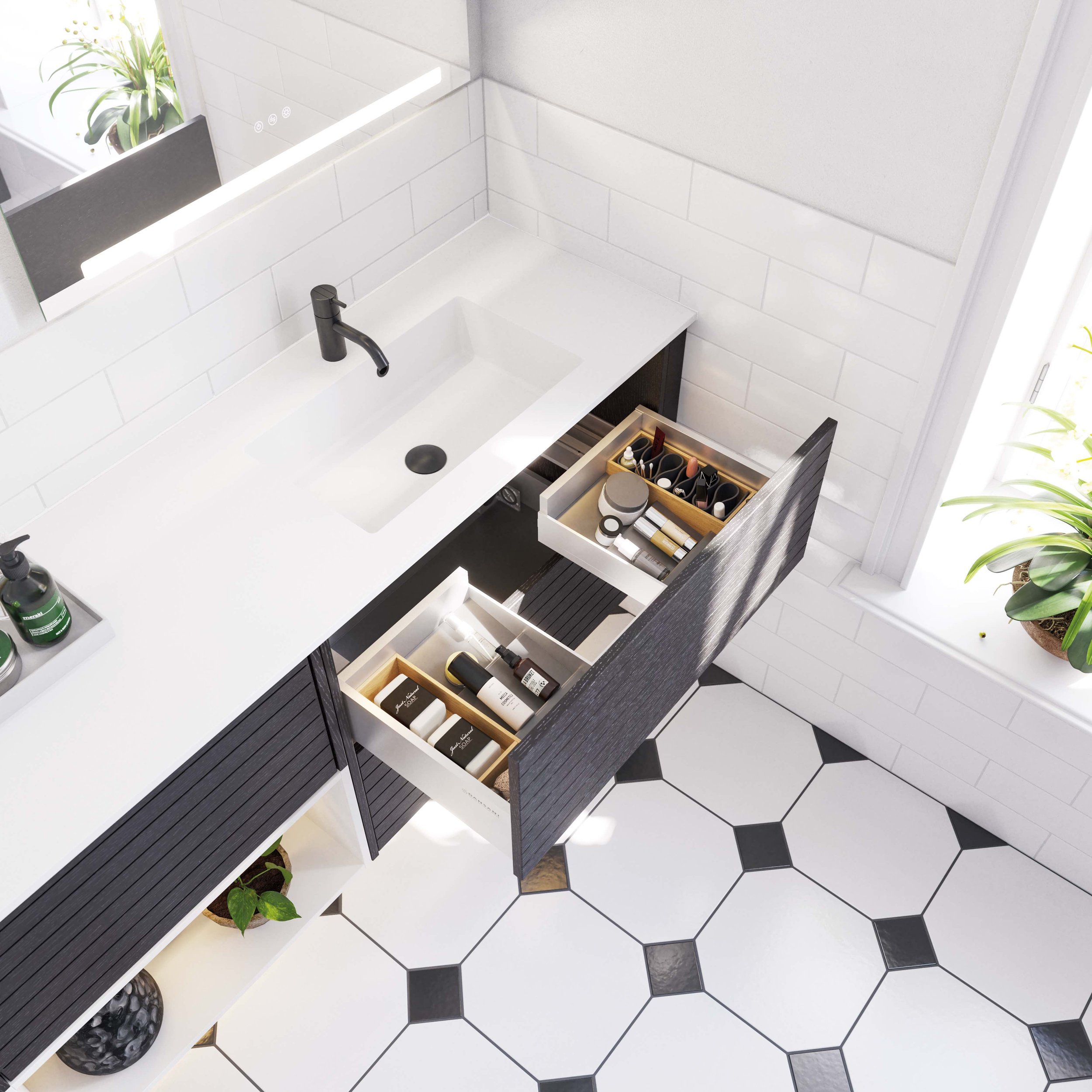 Black grooved vanity unit in white bathroom
