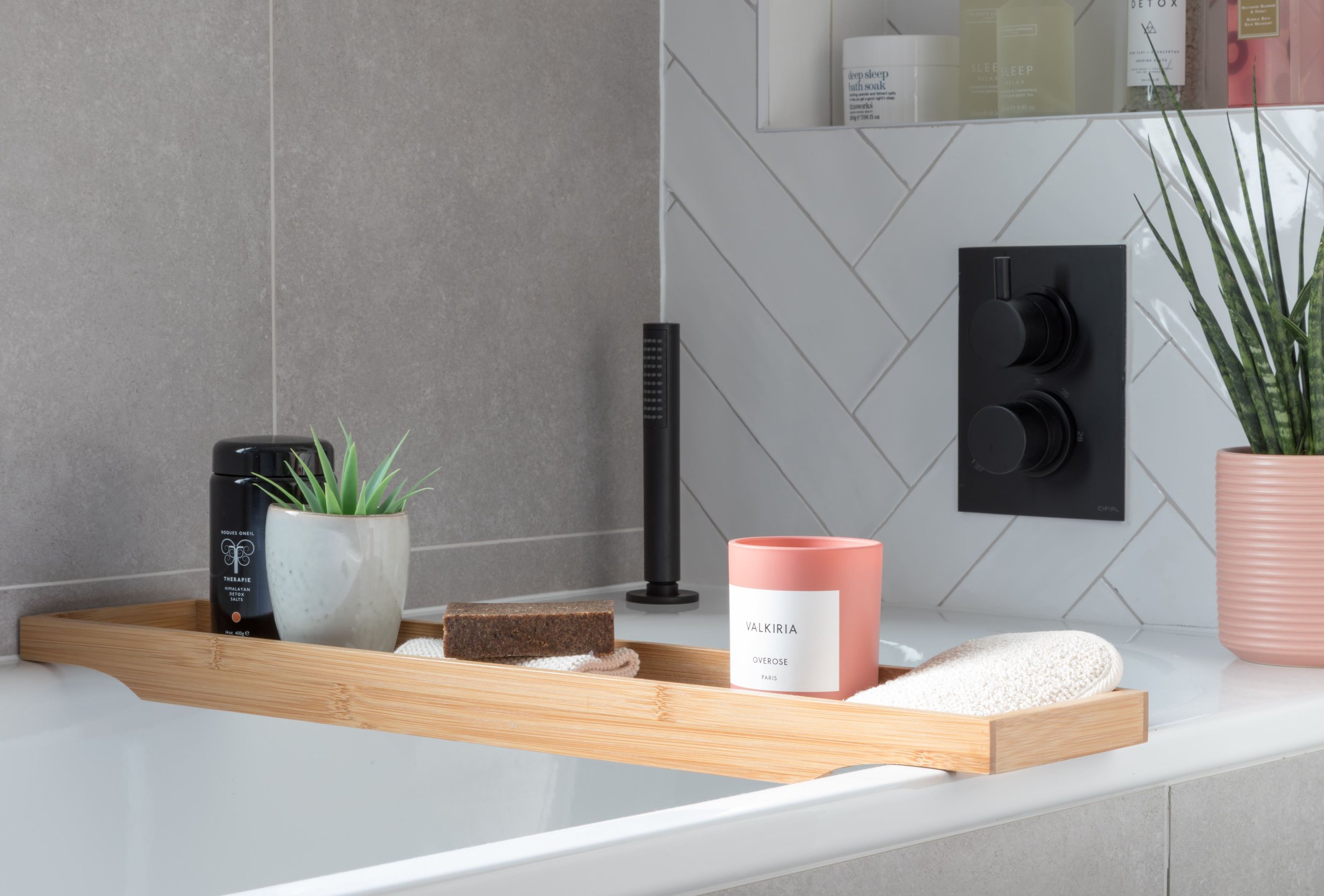 white bathroom with black brassware