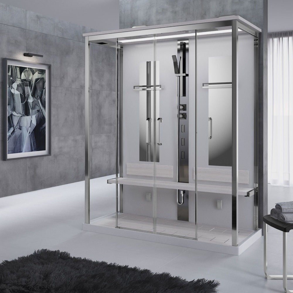 Double bathroom shower steam cabin. Glass doors with chrome finishes.