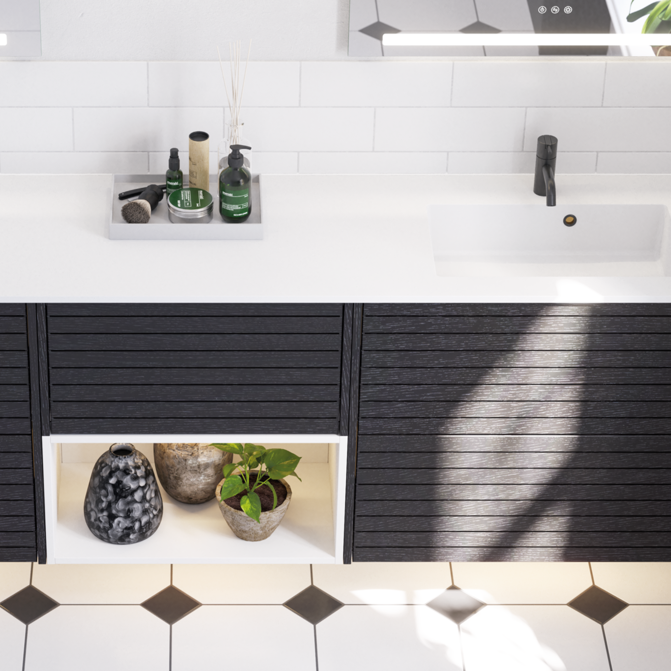 Black grooved vanity unit in white bathroom