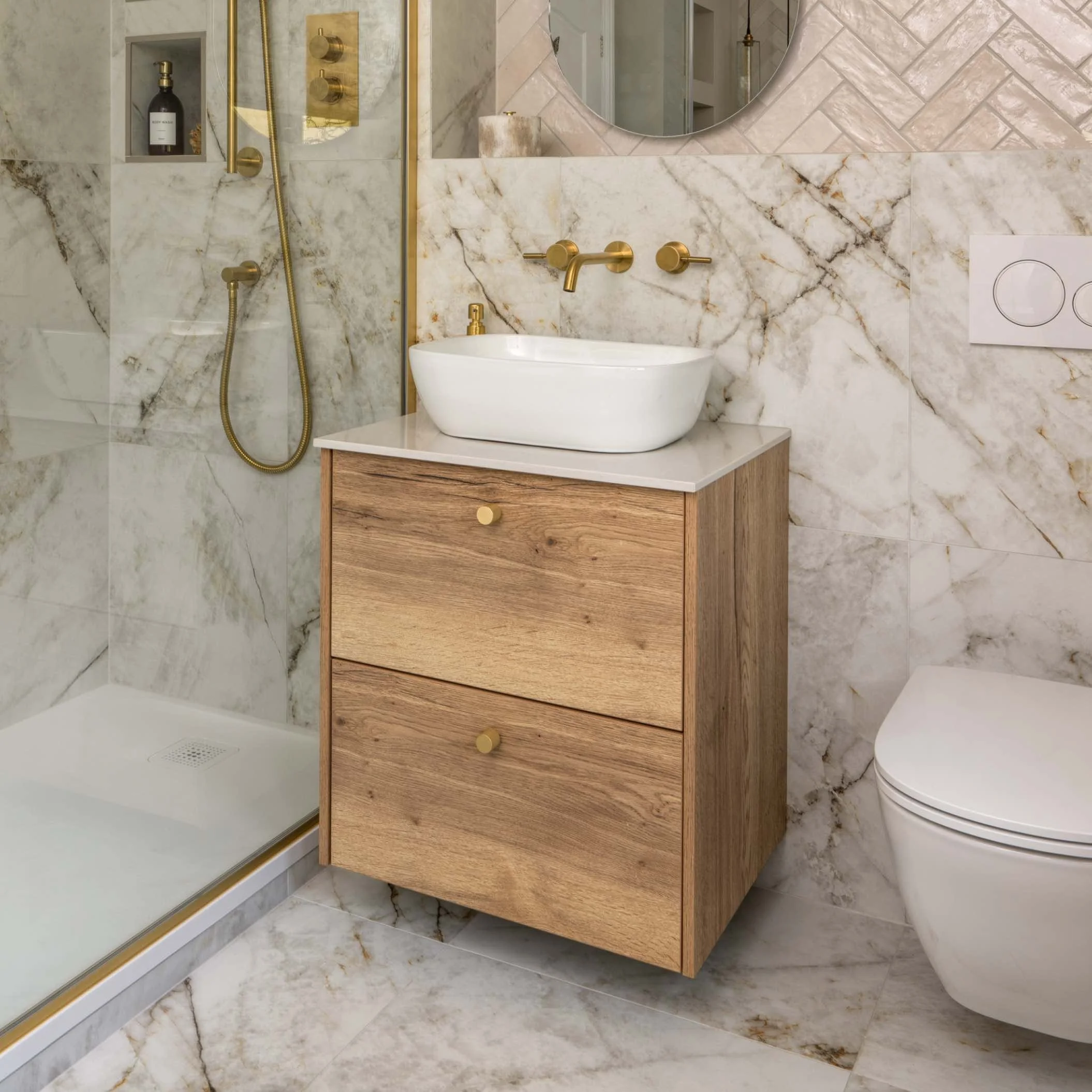 wooden vanity with 2 draws on top of each other