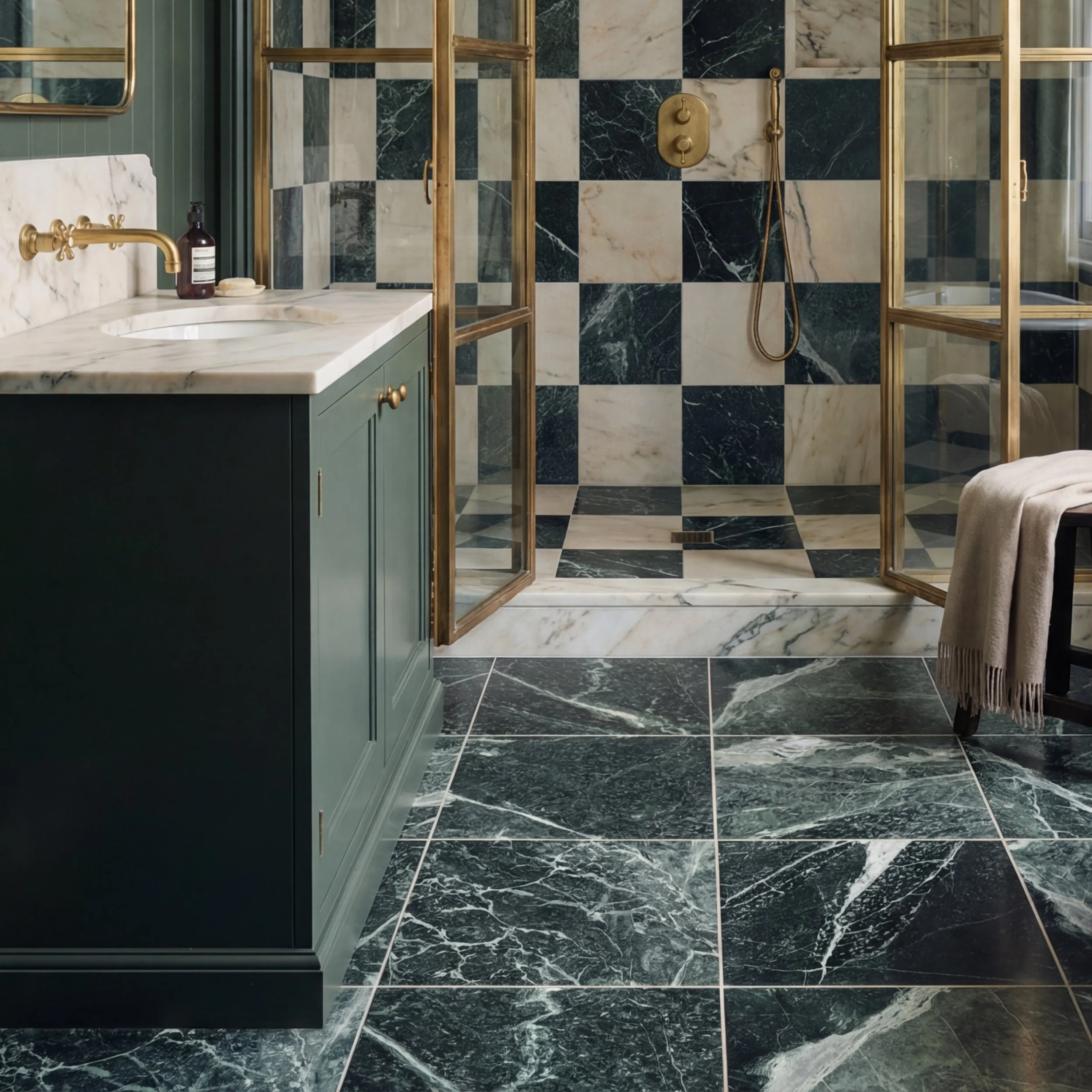 Dark green marble bathroom