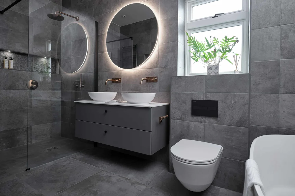 Bathroom Design Grey CaveInspired EnSuite with Walkin Shower