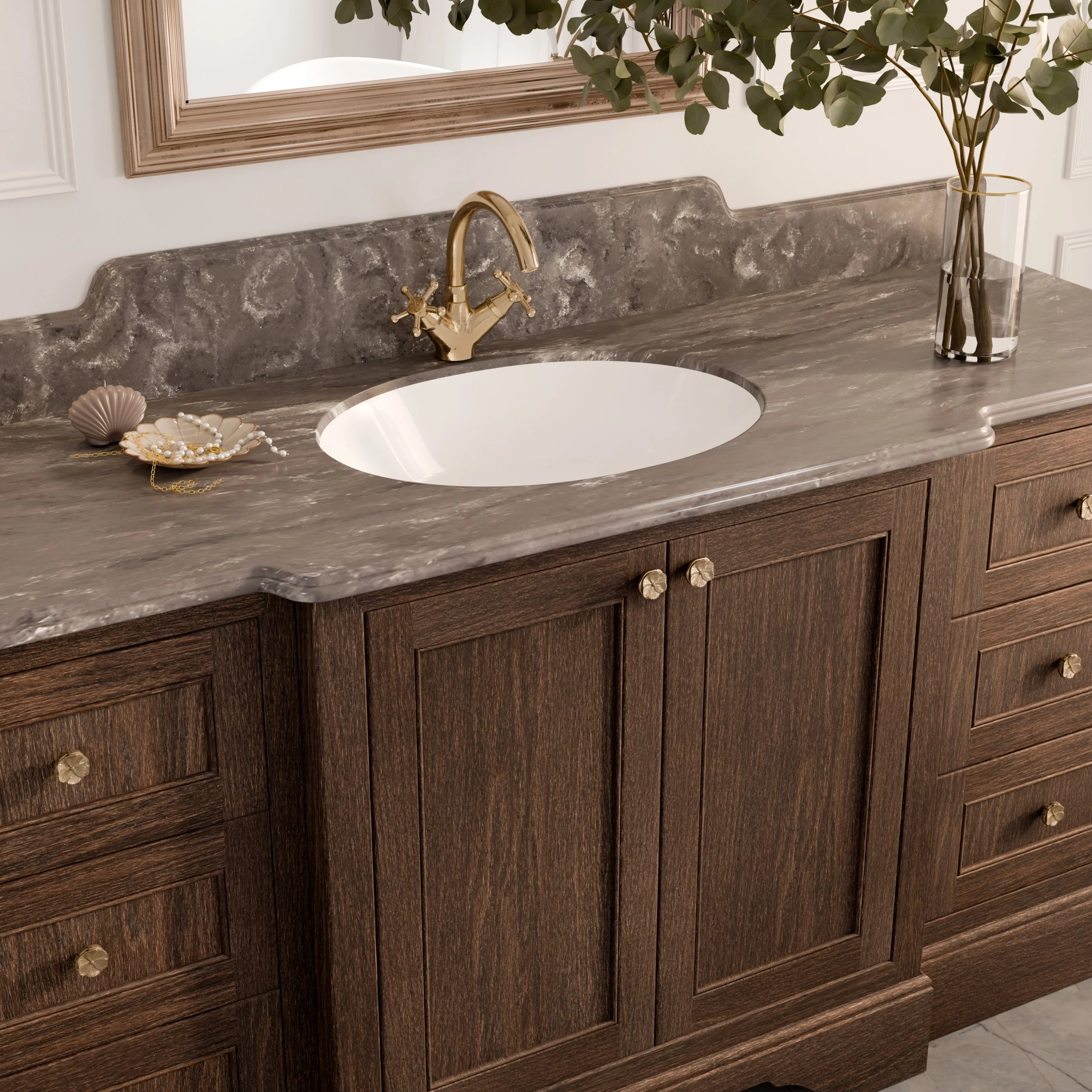 dark wooden vintage style vanity unit with marble counter top close up