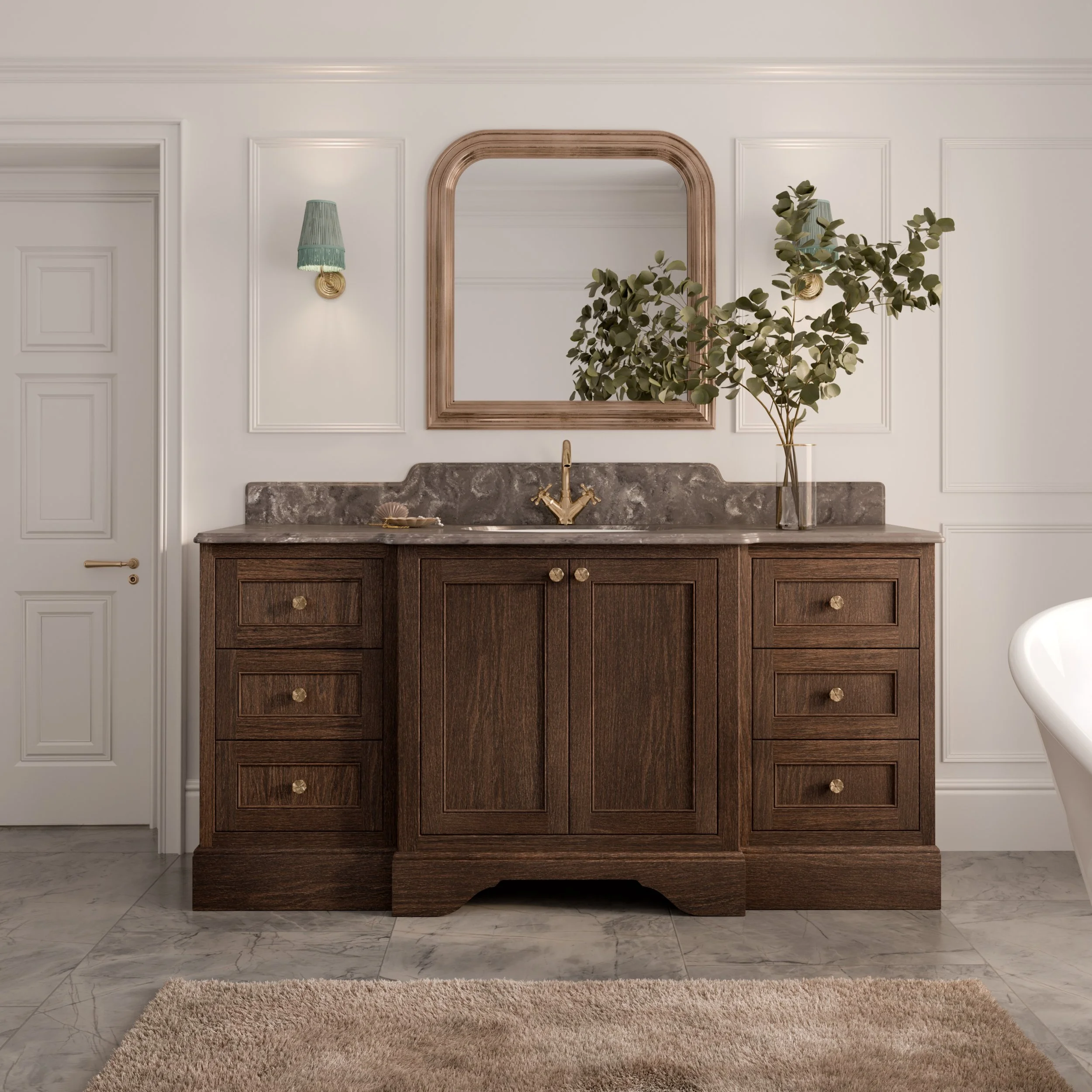 dark wooden vintage style vanity unit with marble counter top