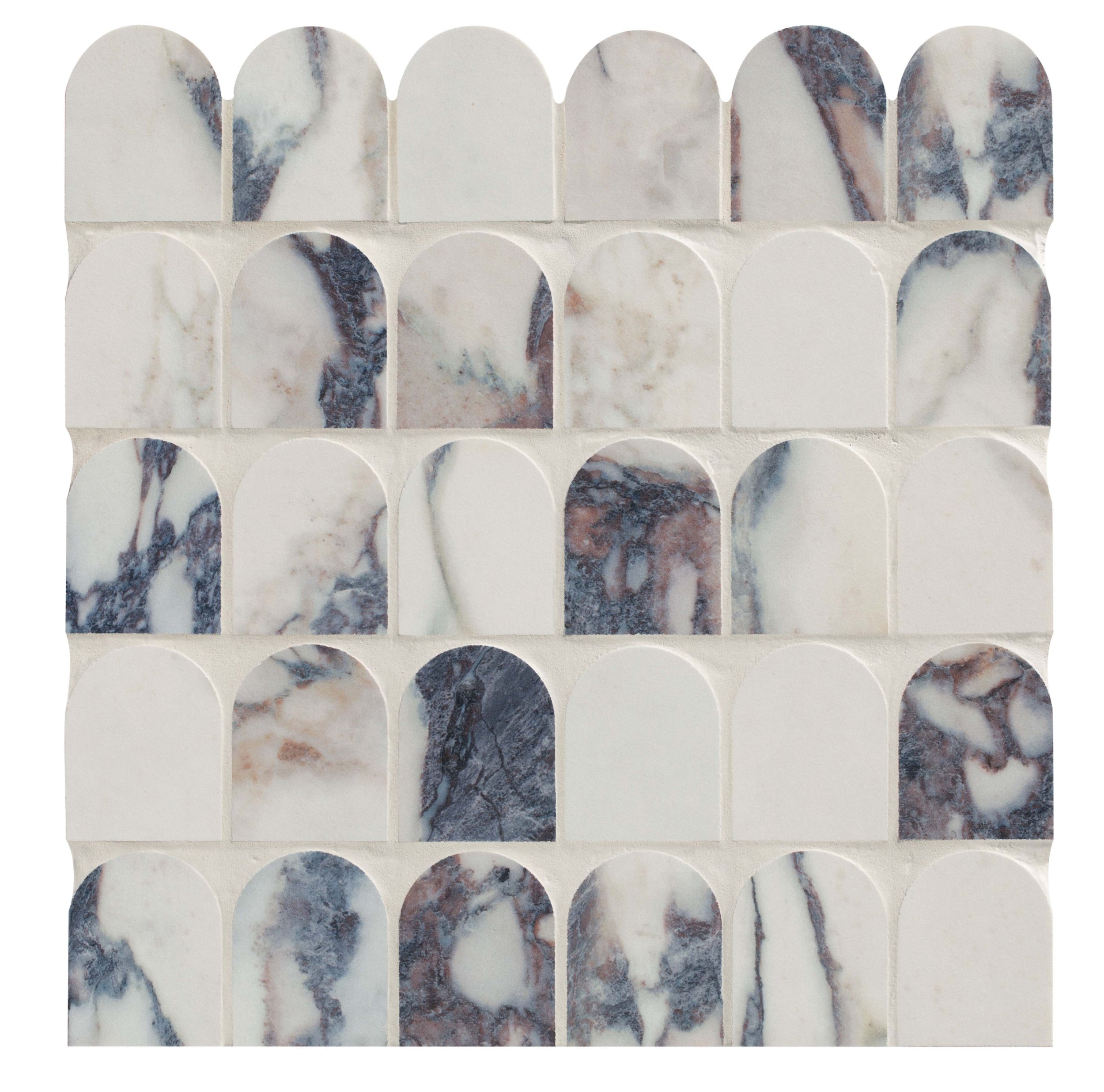 White and blue arched porcelain bathroom tile