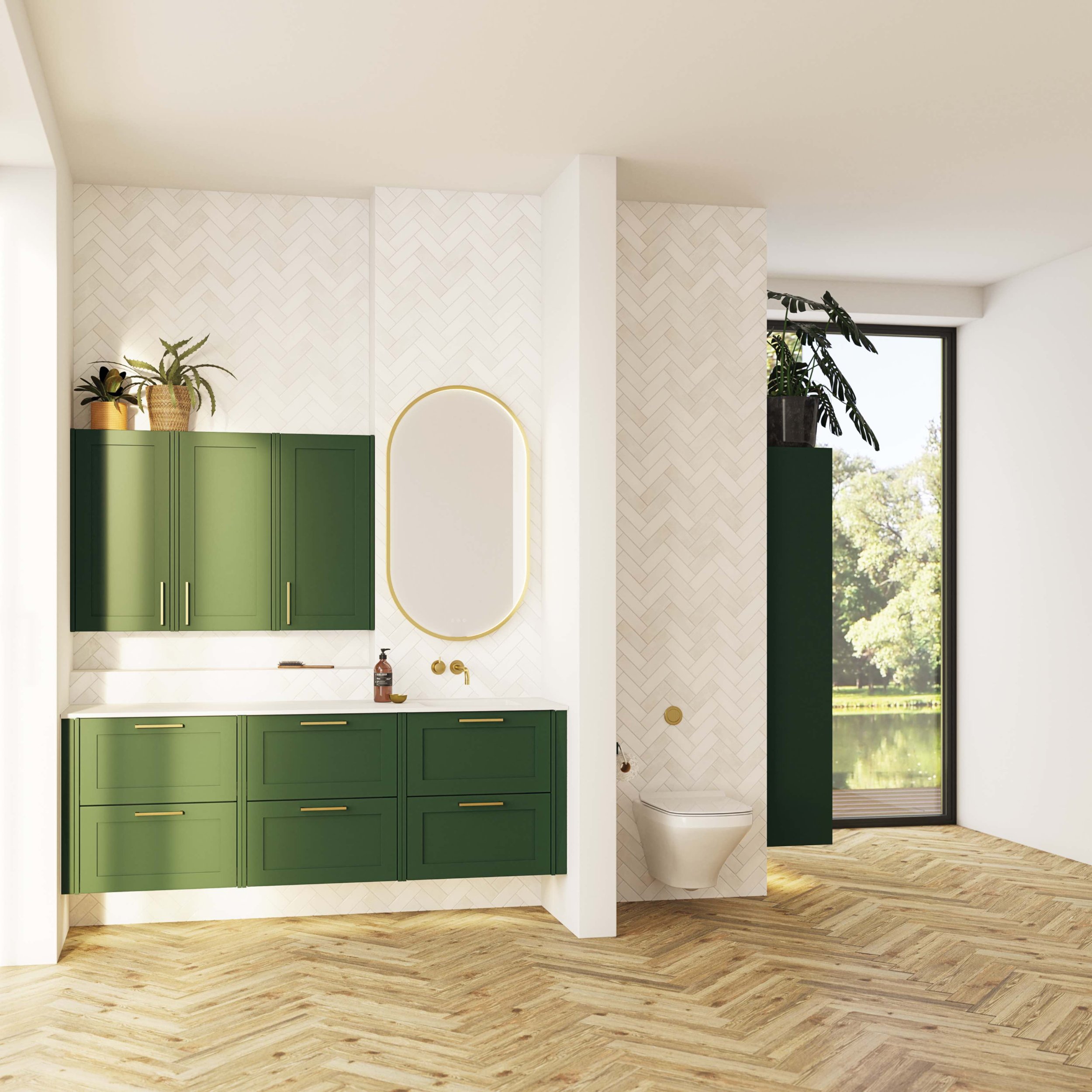 Green bathroom vanity units with oval mirror above basin