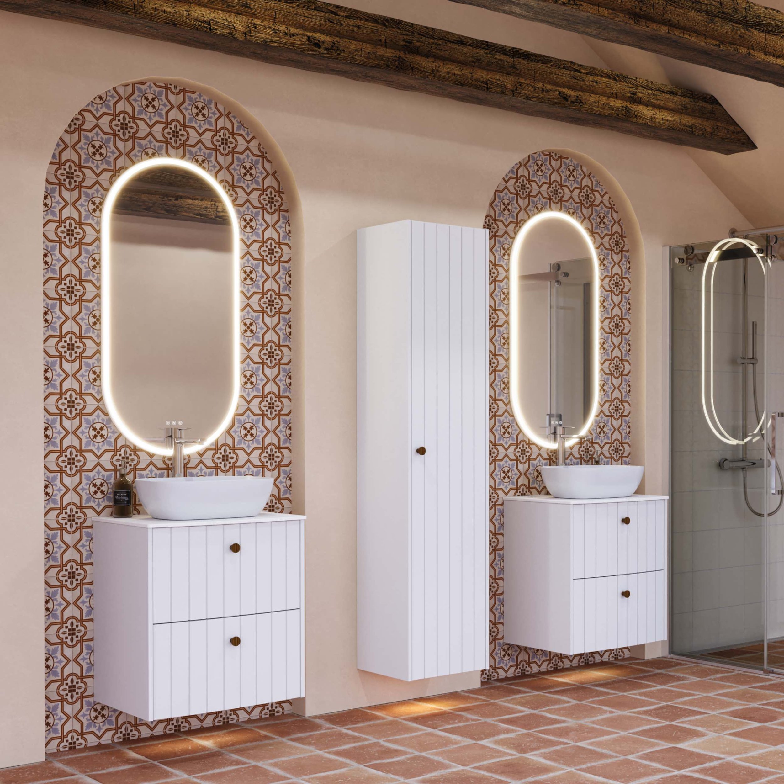 White grooved bathroom vanity unit against Moroccan patterned wallpaper