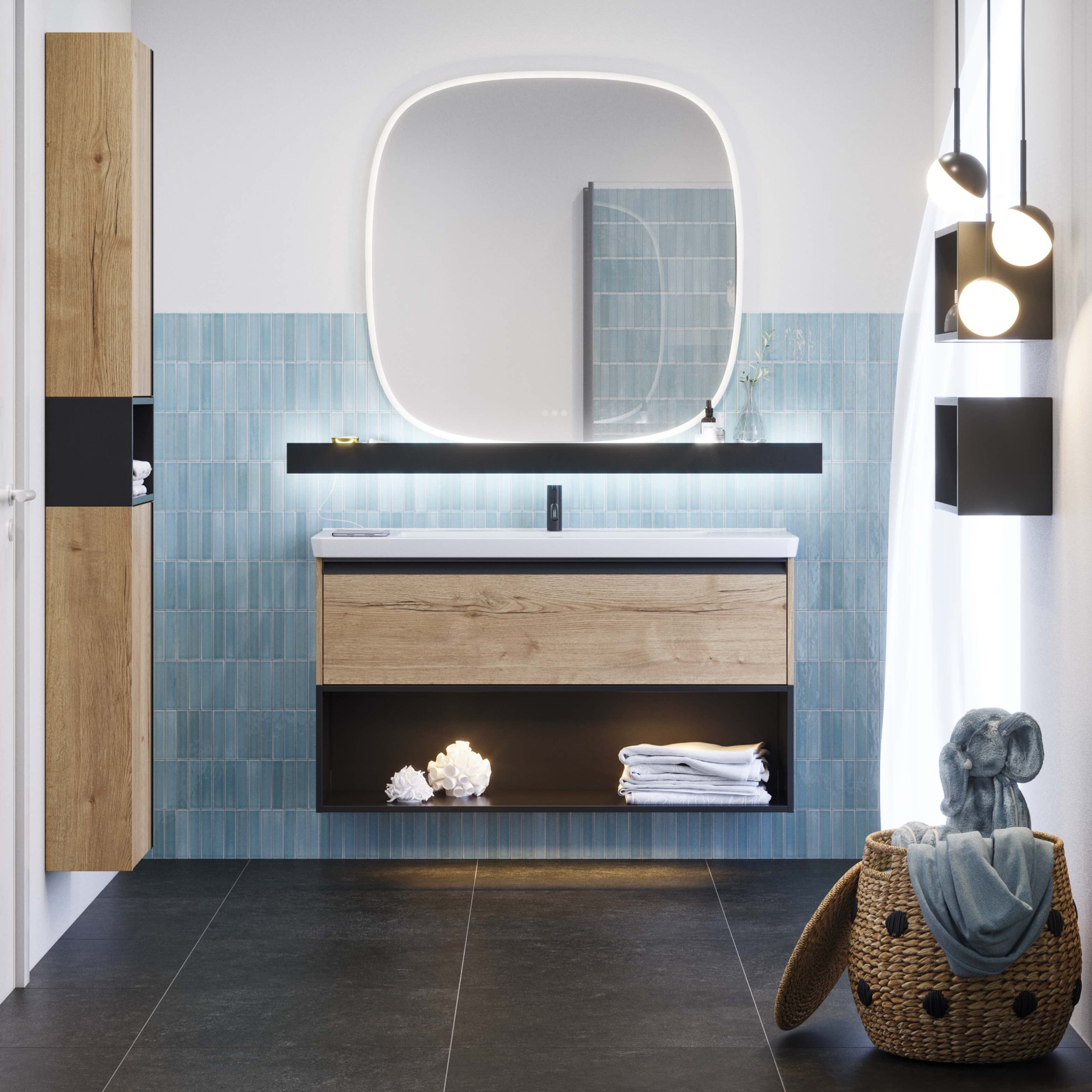 floating wooden vanity unit on blue tiled bathroom wall