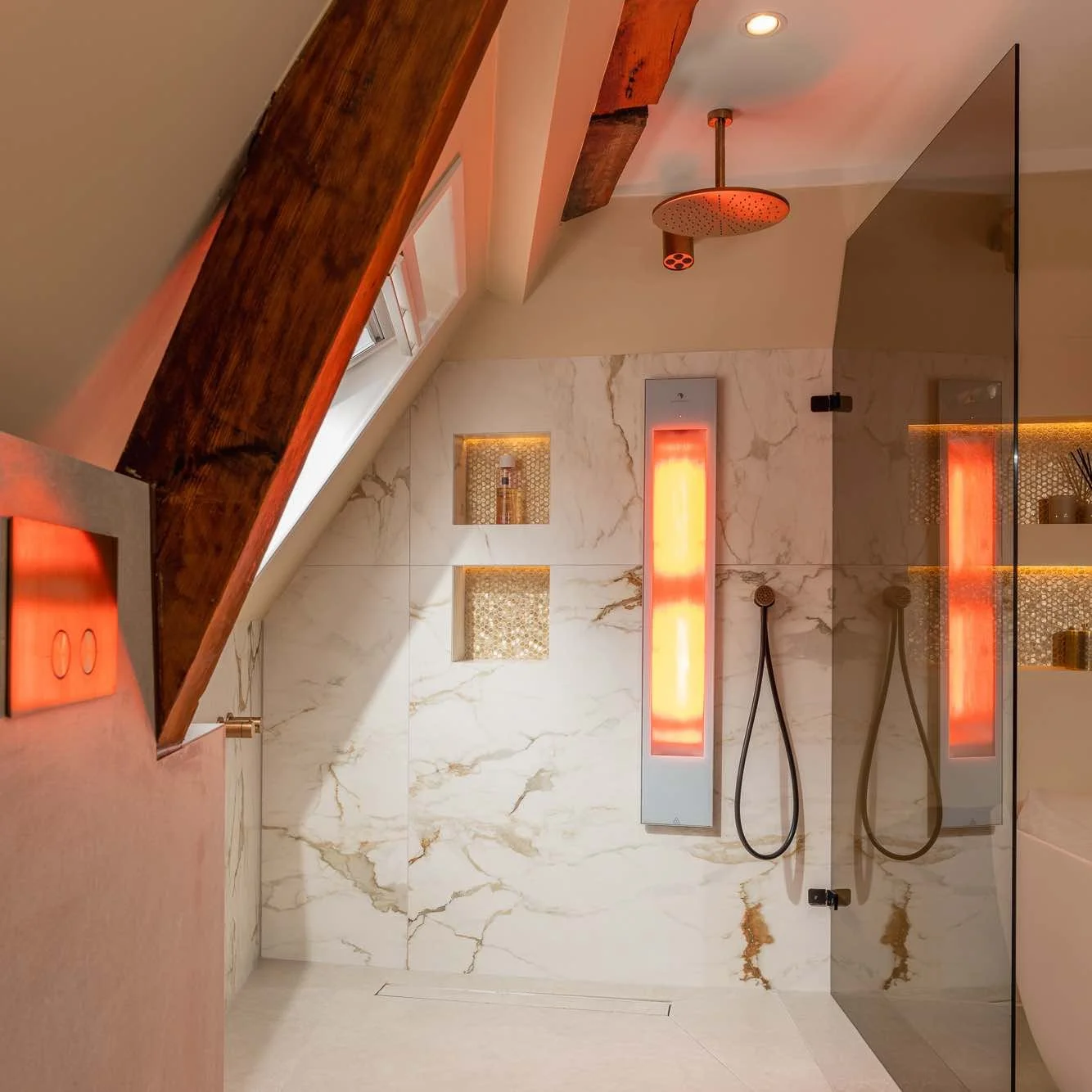 Sunshower in bathroom with infrared lighting on